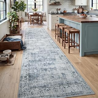 Morebes Vintage Hallway Runner Rug 12 ft, Extra Long Washable Kitchen Rug Runner Non-Slip, Soft Indoor Floor Throw Carpet for Hall Living Room Dining Room Office Farmhouse, Blue-Gray