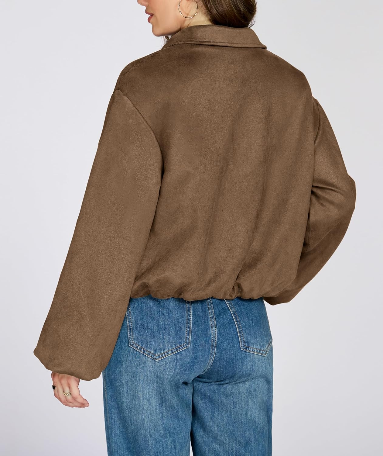 Ladyful Faux Suede Bomber Jacket Women Cropped Long Sleeve Zip Up Y2K Fall Leather Coat Outerwear - Image 6