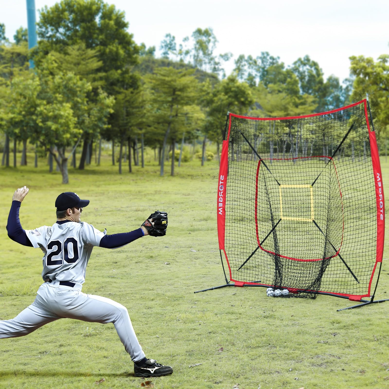 Storgem Red de práctica de béisbol y sóftbol de 7 x 7 pies, red de entrenamiento de bateo portátil de béisbol con camiseta de bateo y zona de golpe y marco de arco y bolsa de transporte