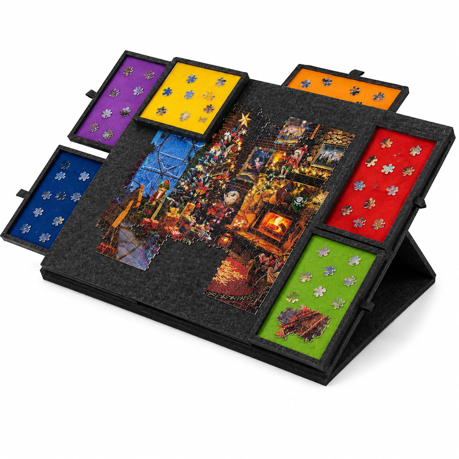 Plateau de Puzzle inclinable, 1000 pièces, 6 tiroirs, Couvercle | Support 2-en-1, surface en feutre ultralégère, rangement par couleurs, transport facile, pour adultes