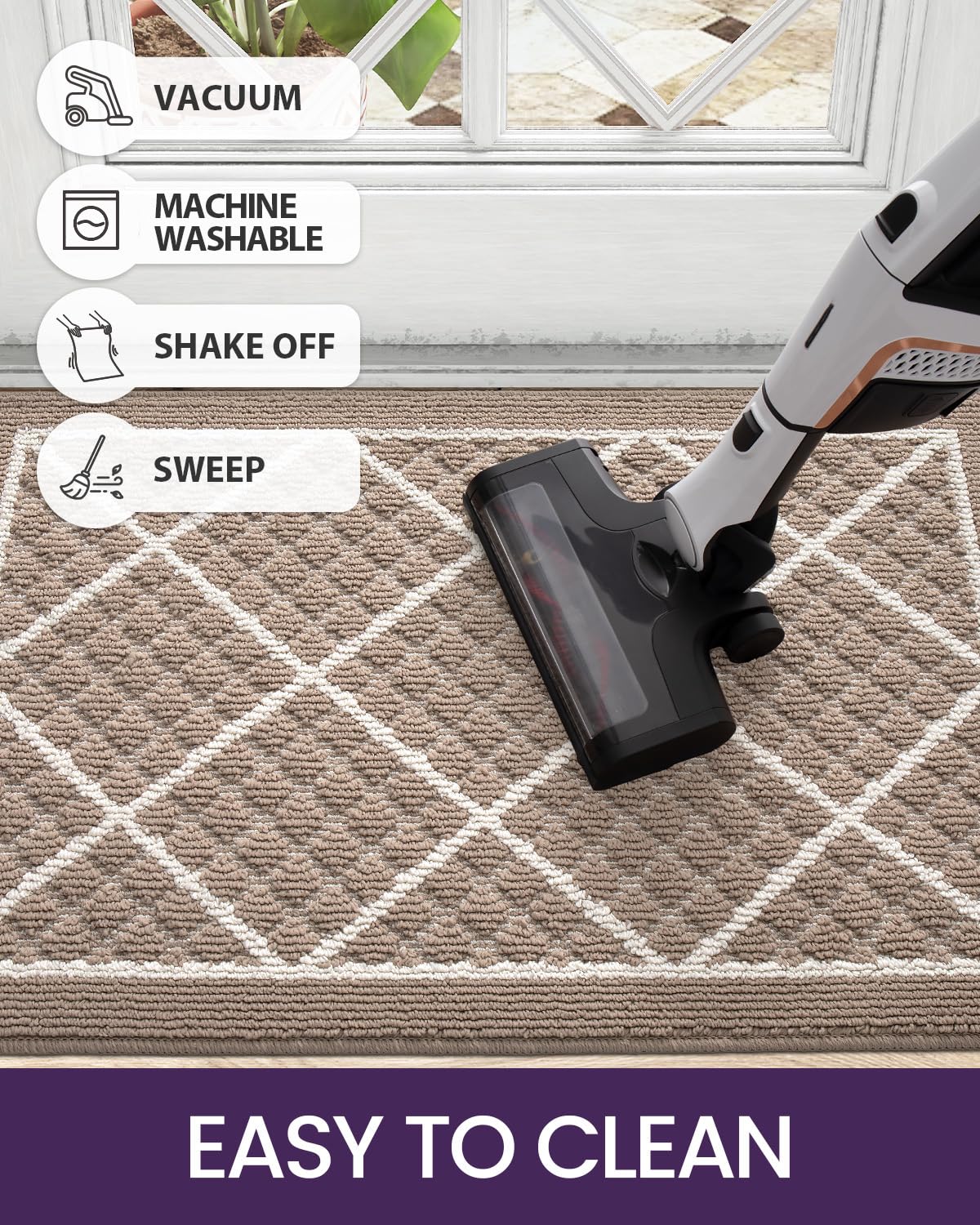 DEXI - Zerbino per porta d’ingresso, 43 x 76,2 cm, antiscivolo, assorbente, a basso profilo, sottile, lavabile, per ingresso interno, garage e patio, beige