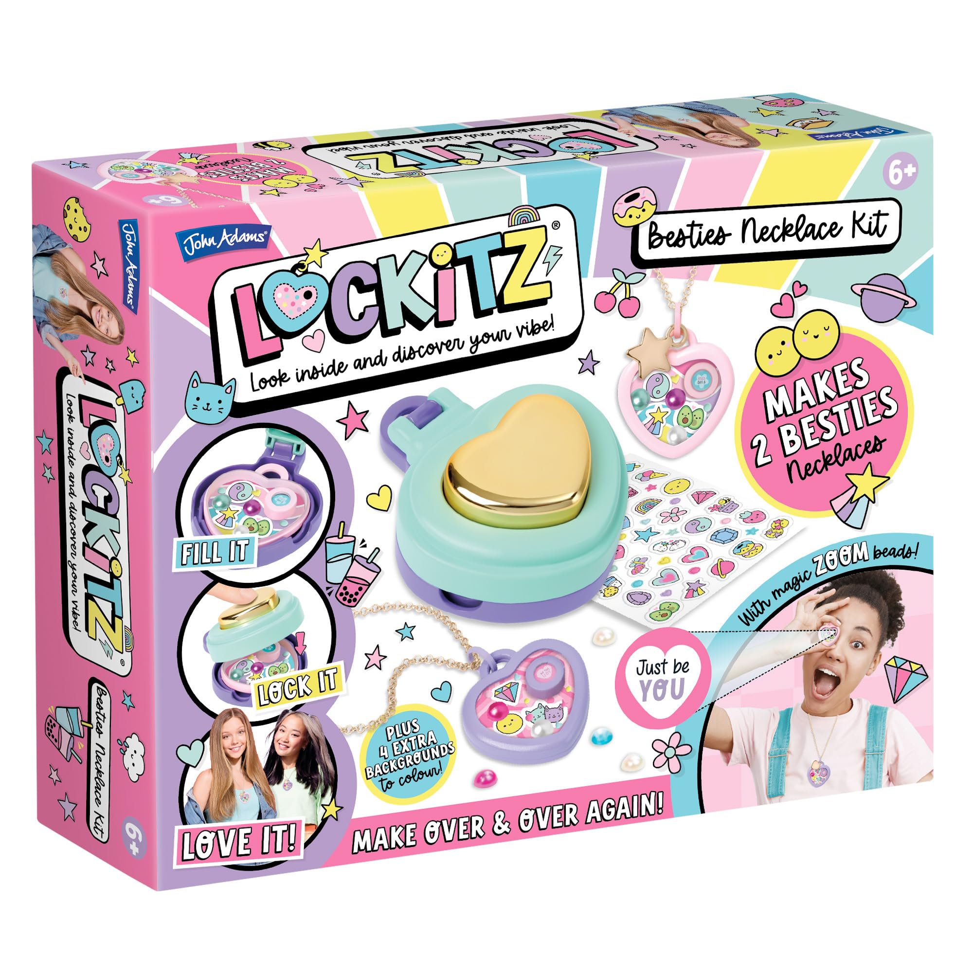 John Adams Lockitz Besties Necklace Kit: Arts and Crafts Fashion Jewellery Maker, Create 2 Cute Besties Necklaces, Includes Secret Zoom Beads with Hidden Messages to find Inside, for Kids 6+