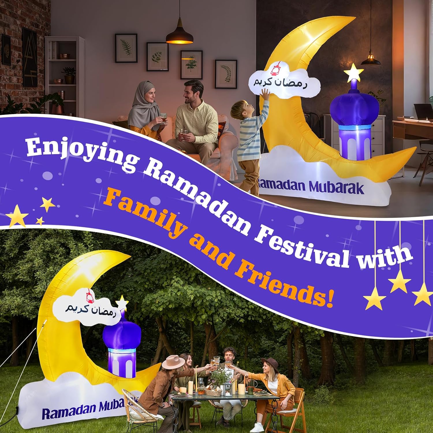 Lewondr 6.10FT Outdoor Inflatable Ramadan Moon Decorations,Waterproof Inflatable Eid Mubarak Decor,Blow Up Muslim Holy Celebration Decor with LED Lights,Muslim Holidays Inflatable for Yard,Yellow Moon