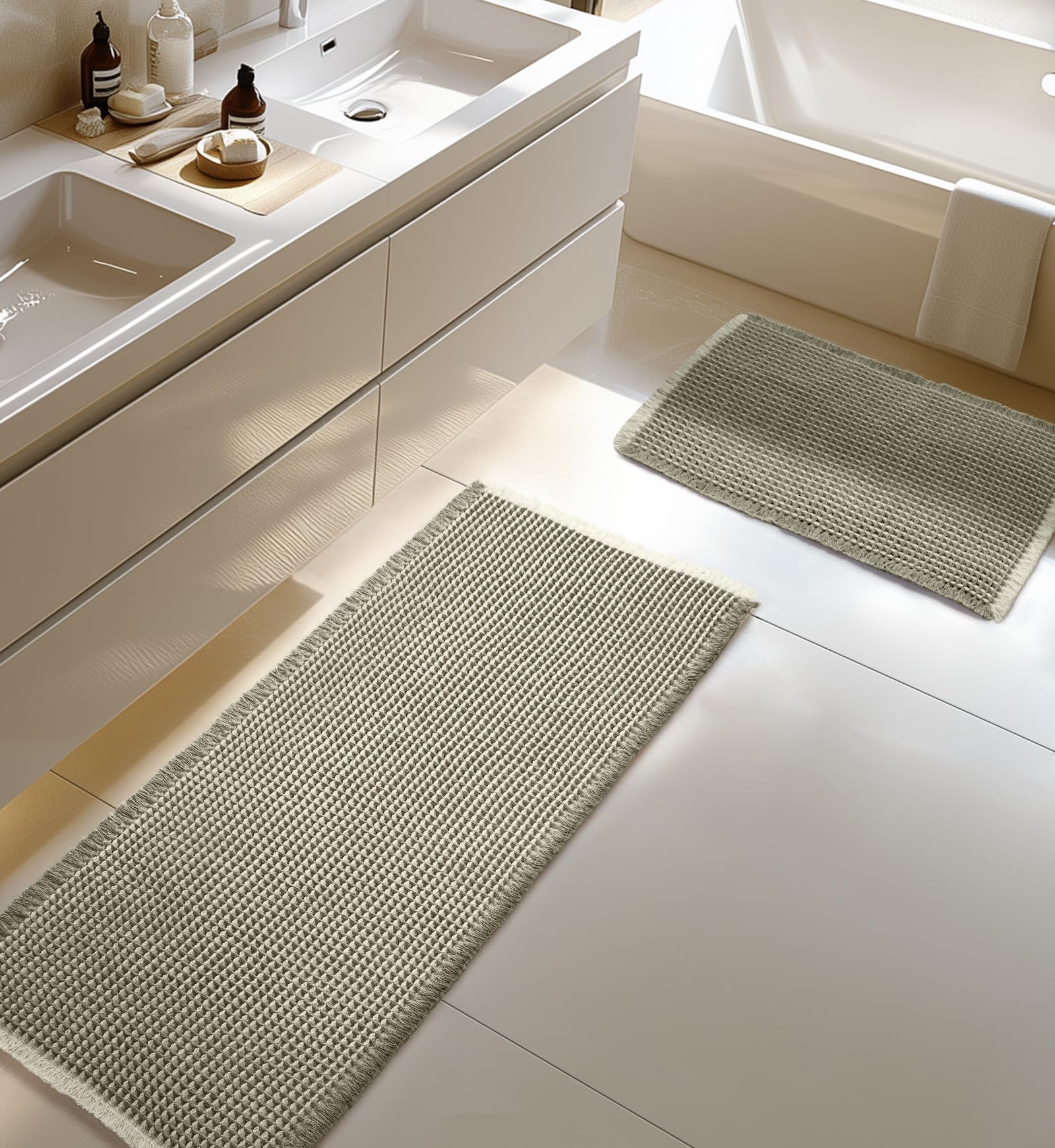 Furicher Large Waffle Bath Mat Set, Non Slip Bathroom Mat Set, Ultra Absorbent Bath Mats for Bathroom Decor, Extra Soft Floor Bathroom Rugs Sets 2 Piece, Green&White Washable Mats(51×119cm &41×61cm)