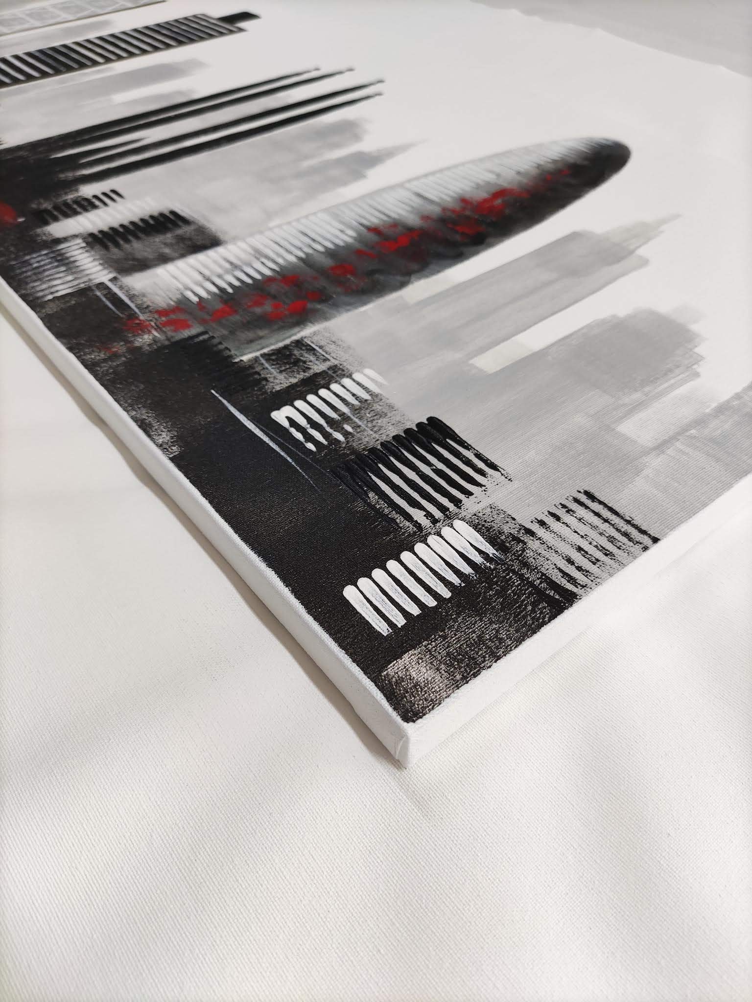 Cuadroexpres - Cuadro Pintado Moderno Ciudad de Barcelona 120x35 cm, Blanco y Negro con Detalles en Rojo. 100% Original, sobre Lienzo. Decoración para Sala de Estar