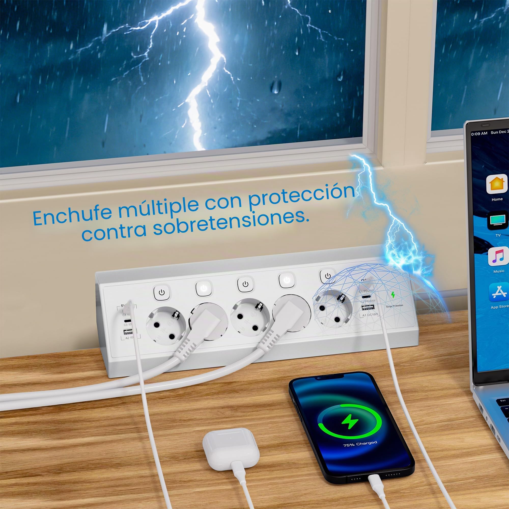 Regleta Enchufes Proteccion Sobretension, Toma de Mesa con USB C 20W, Regleta Escritorio 5 Tomas con Interruptores Individuales, Enchufes Multiple para Cocina Oficina, 1.8M Cable, Blanco