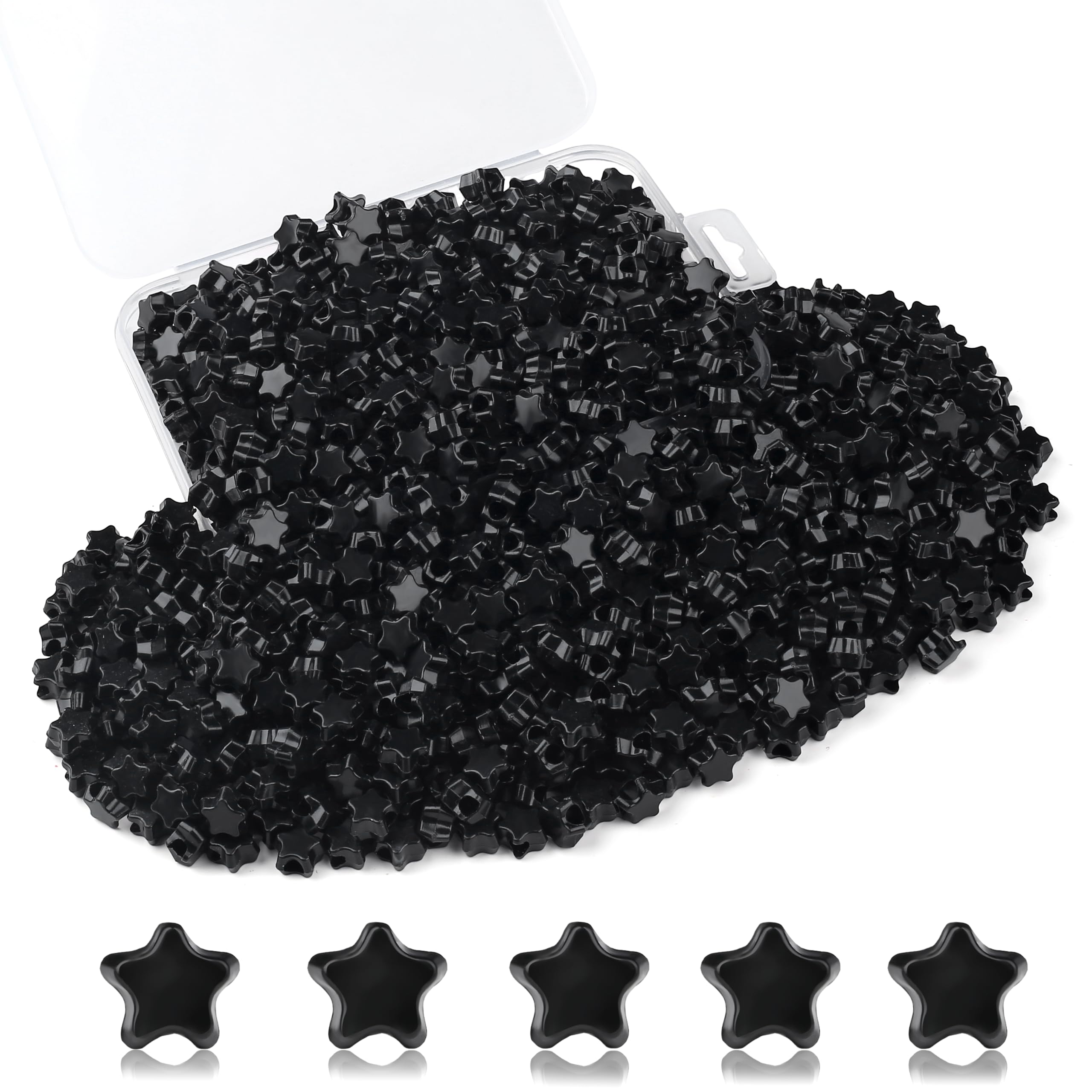 Sahoottie 1000 Stück Schwarze Stern Pony Beads Schwarz Perlen zum Auffädeln | Stern Perlen mit Großem Loch Sternperlen für Armbänder Ponyperlen für Haarperlen Ketten DIY Basteln mit Aufbewahrungsbox