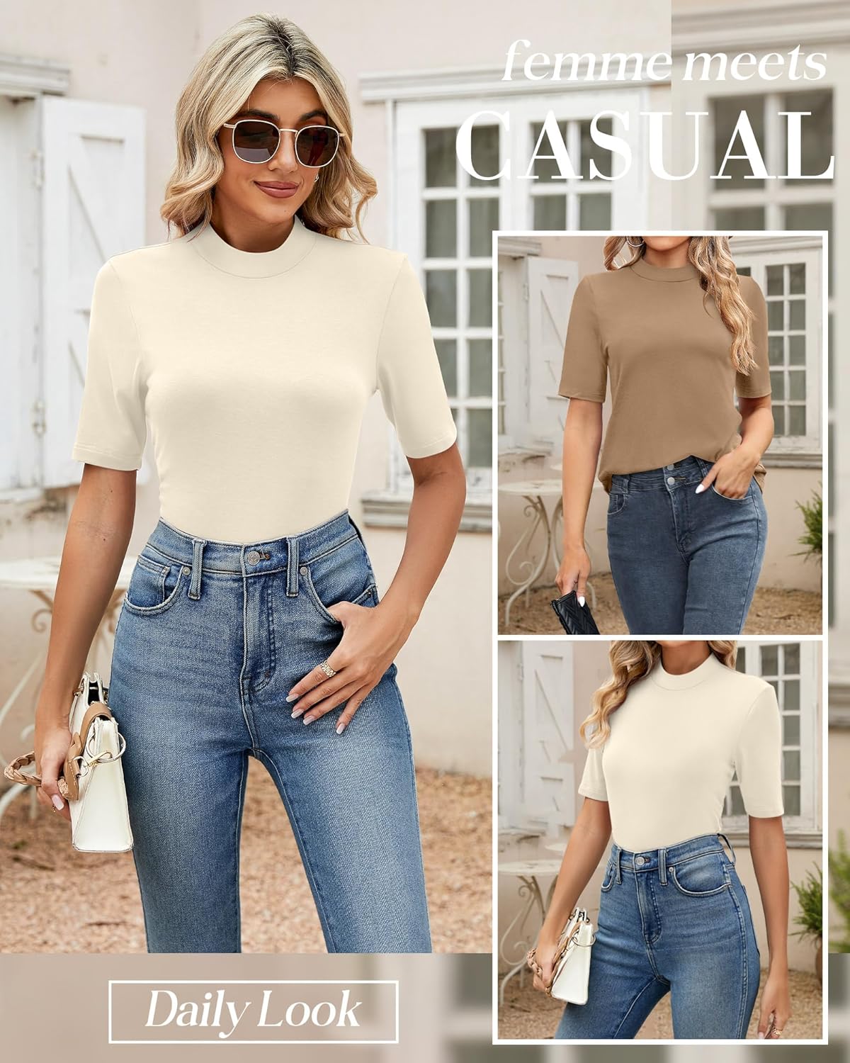 Ficerd 2 Pack Women's Mock Turtleneck T Shirts, Half Sleeve Business Casual Tunic Tops Slim Fit Summer Basic Dressy Tee Shirt - Image 6