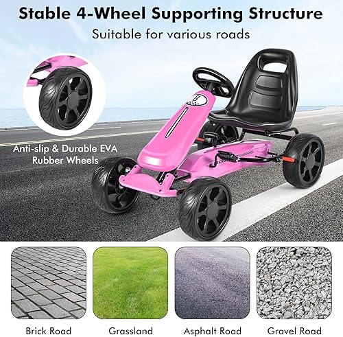 Miniatura 9 de OLAKIDS Pedal Go Kart para niños, 4 ruedas en coche de juguete, corredor de pie interior al aire libre para niño niña con asiento de cubo ajustable,