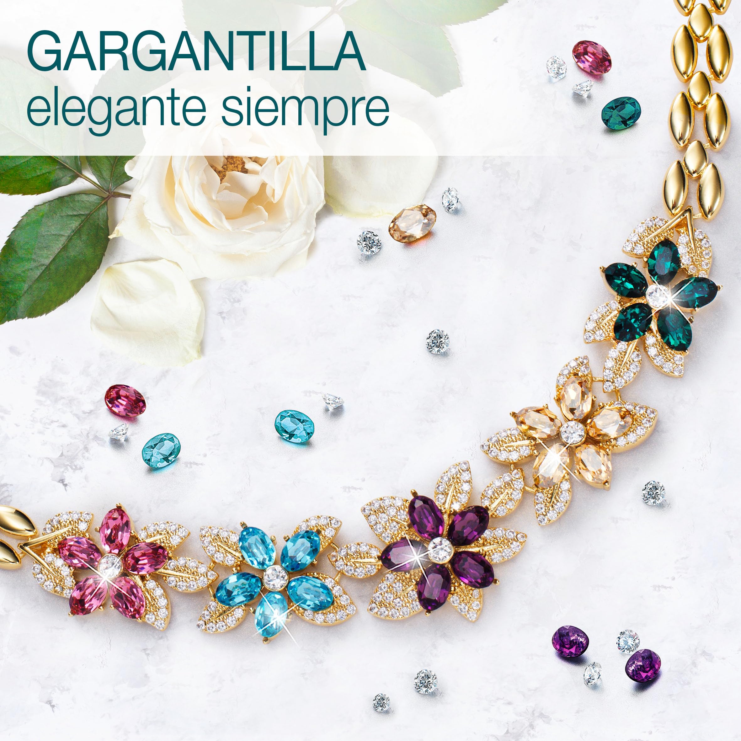 Conjunto BOUQUET DES FLEURS Gargantilla y Pendientes bañados en Oro de 1ª Ley 18K con 27 cristales de Swarovski® y más de 260 Circonitas. Ideal para regalo. Con Pañuelo de diseño para ti