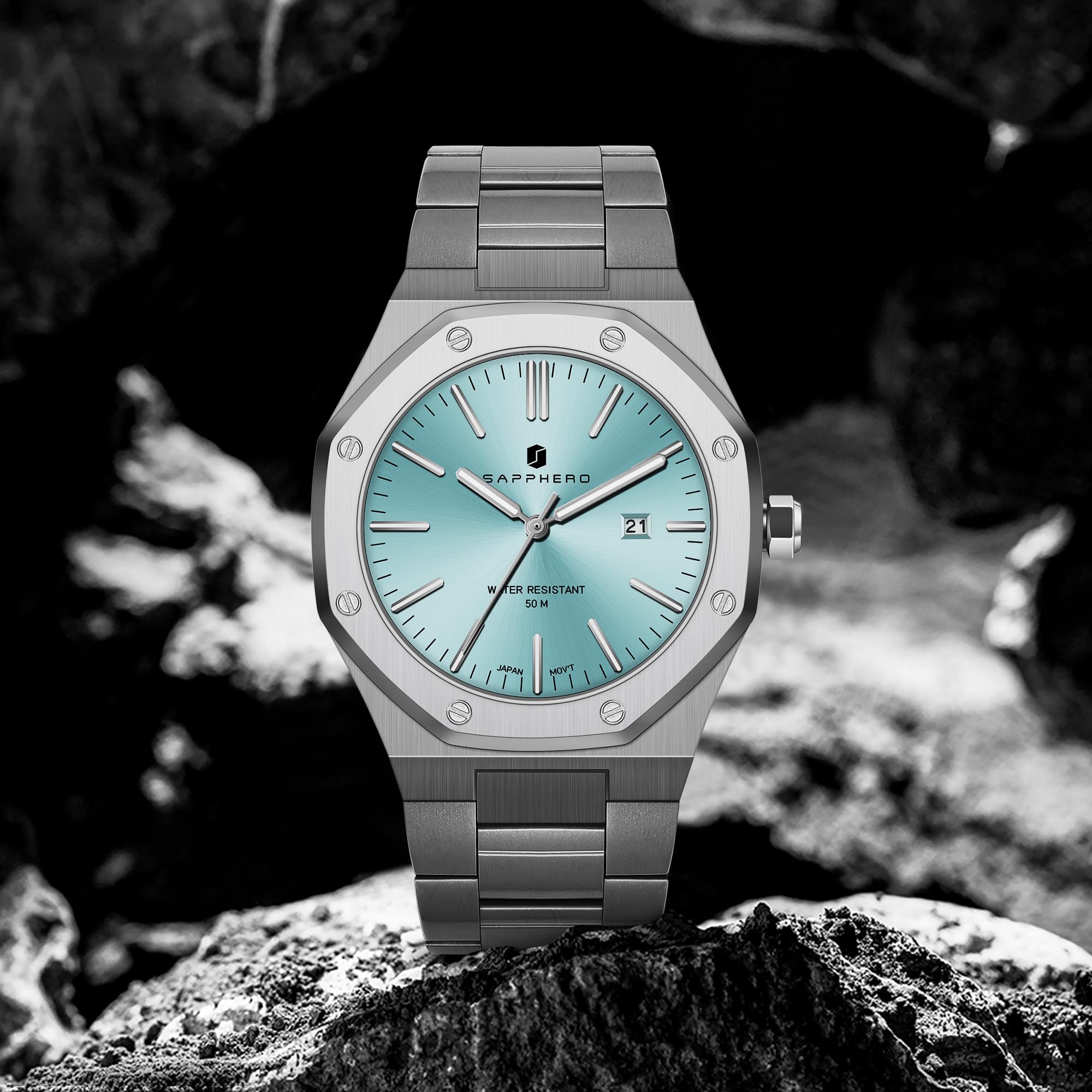 SAPPHERO Uhren Herren Quarzwerk Silber Edelstahl Armband 50M Wasserdicht Datum Kalender Schwarz Blau Herrenuhren Armbanduhr Geschenke für Männer