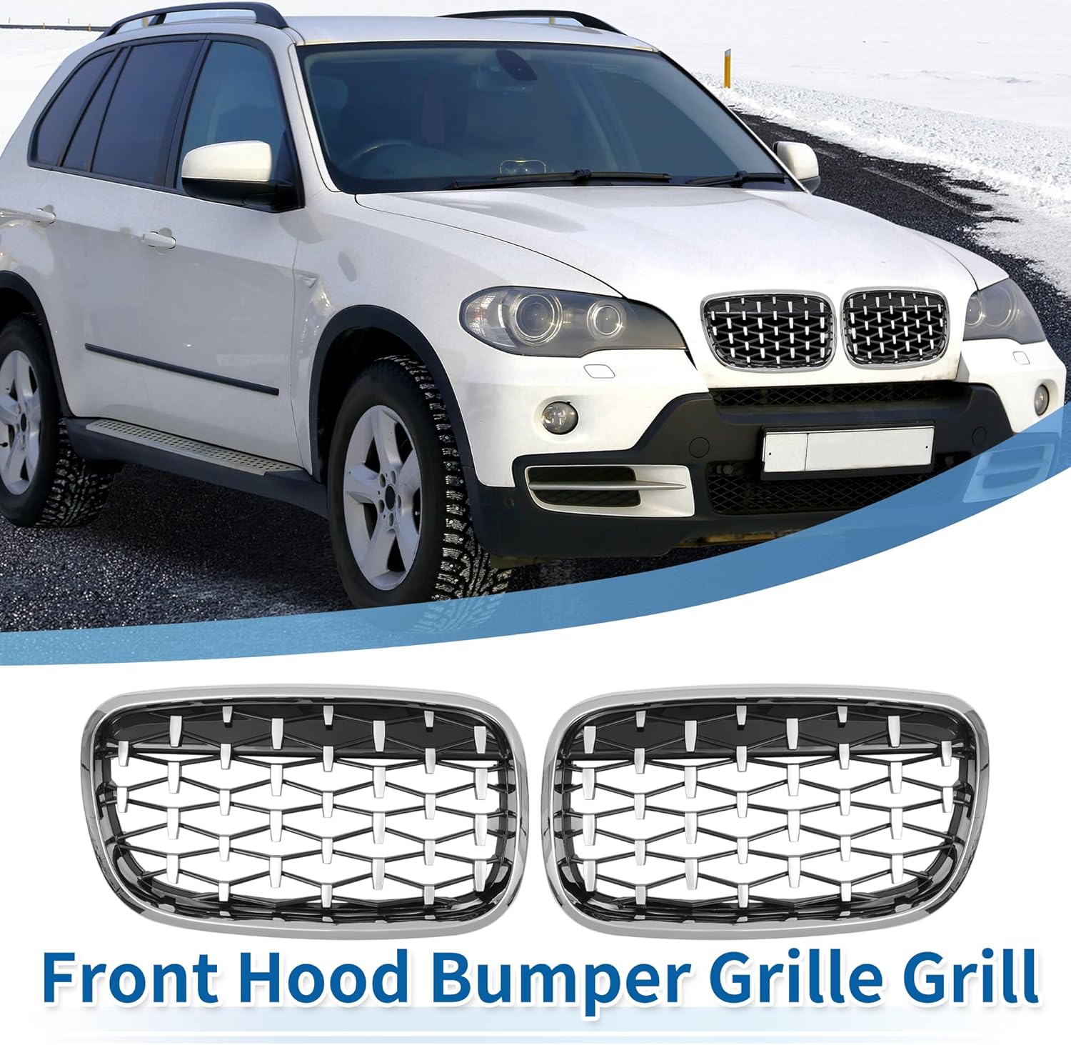 X AUTOHAUX Front Hood Bumper Grille Grill for BMW X5 X6 E70 No.51137157687/51137157688 Front Bumper Kidney Grille Grill Diamond Star Silver Tone 1 Pair