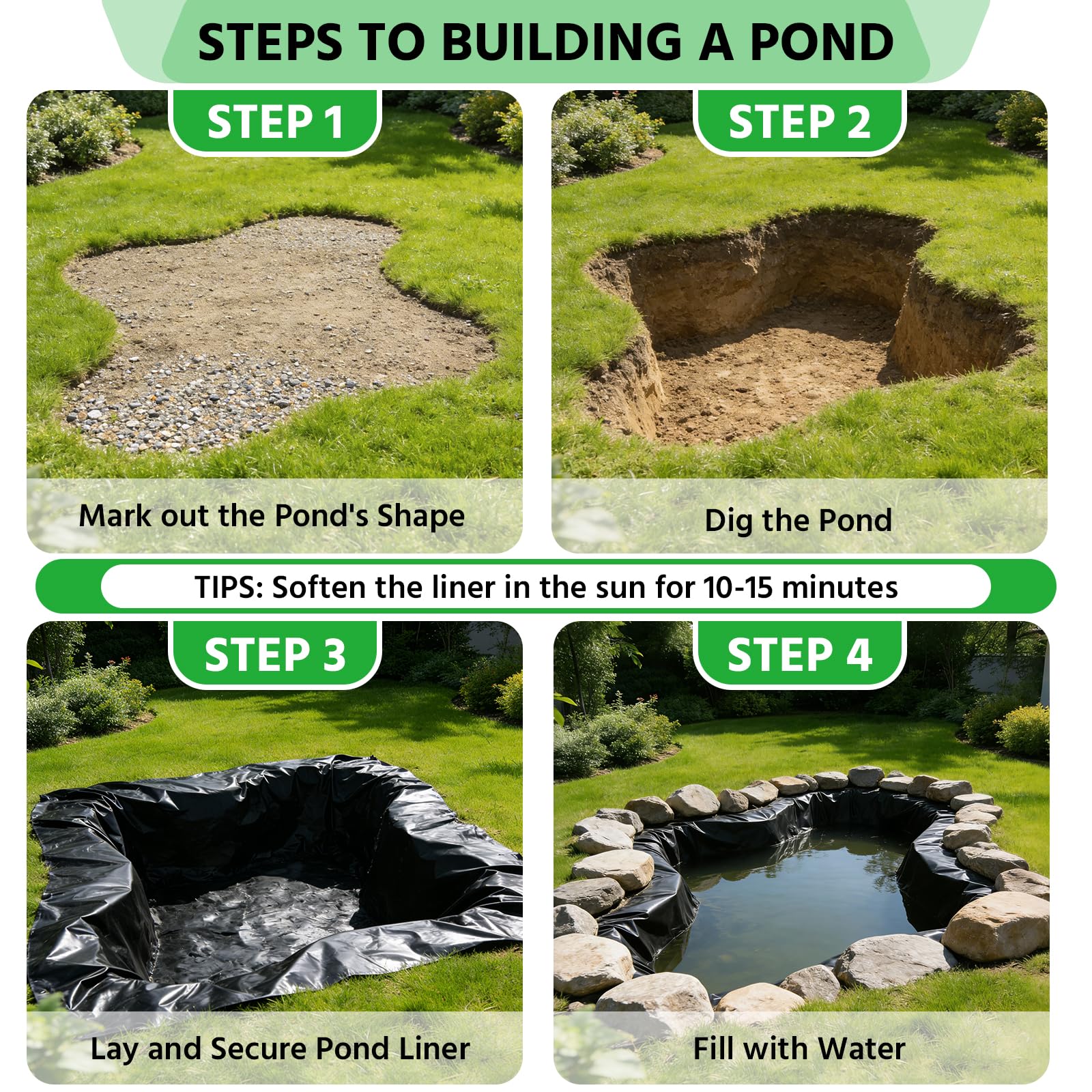 Revestimiento para Estanque Negro, 0,2 mm de Grosor, 4 x 5 m, para Cascadas, Estanques, Fuentes de Jardín, Juegos de Agua y Estanques de Peces, Flexible, Fácil de Usar, Impermeable