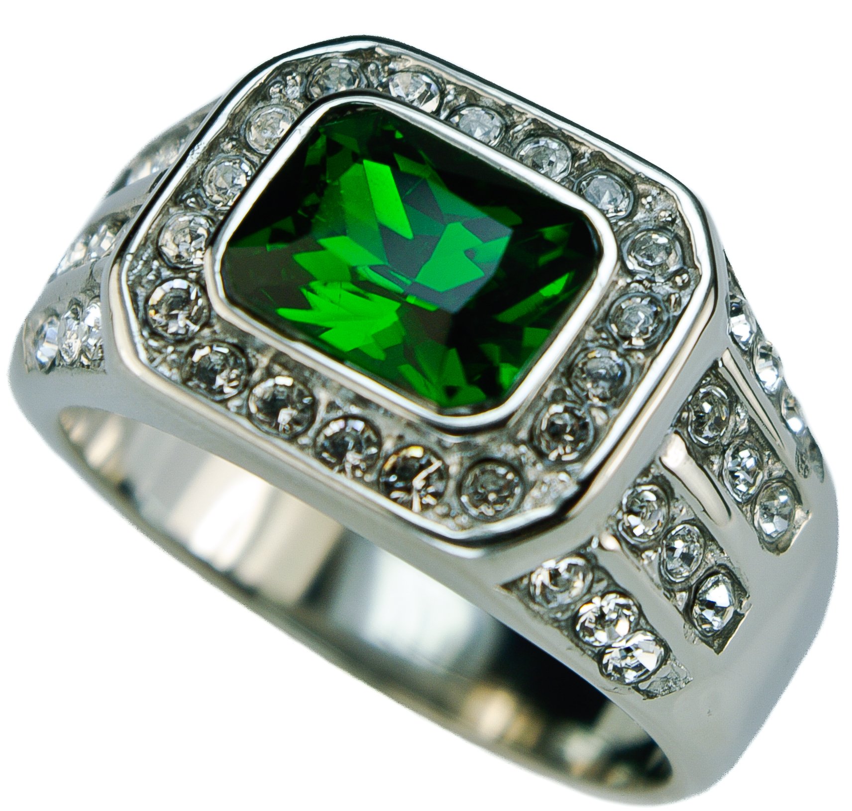 Classy Simulated Green Emerald 40 cz Men's ring 316 Stainless steel Size 9-13