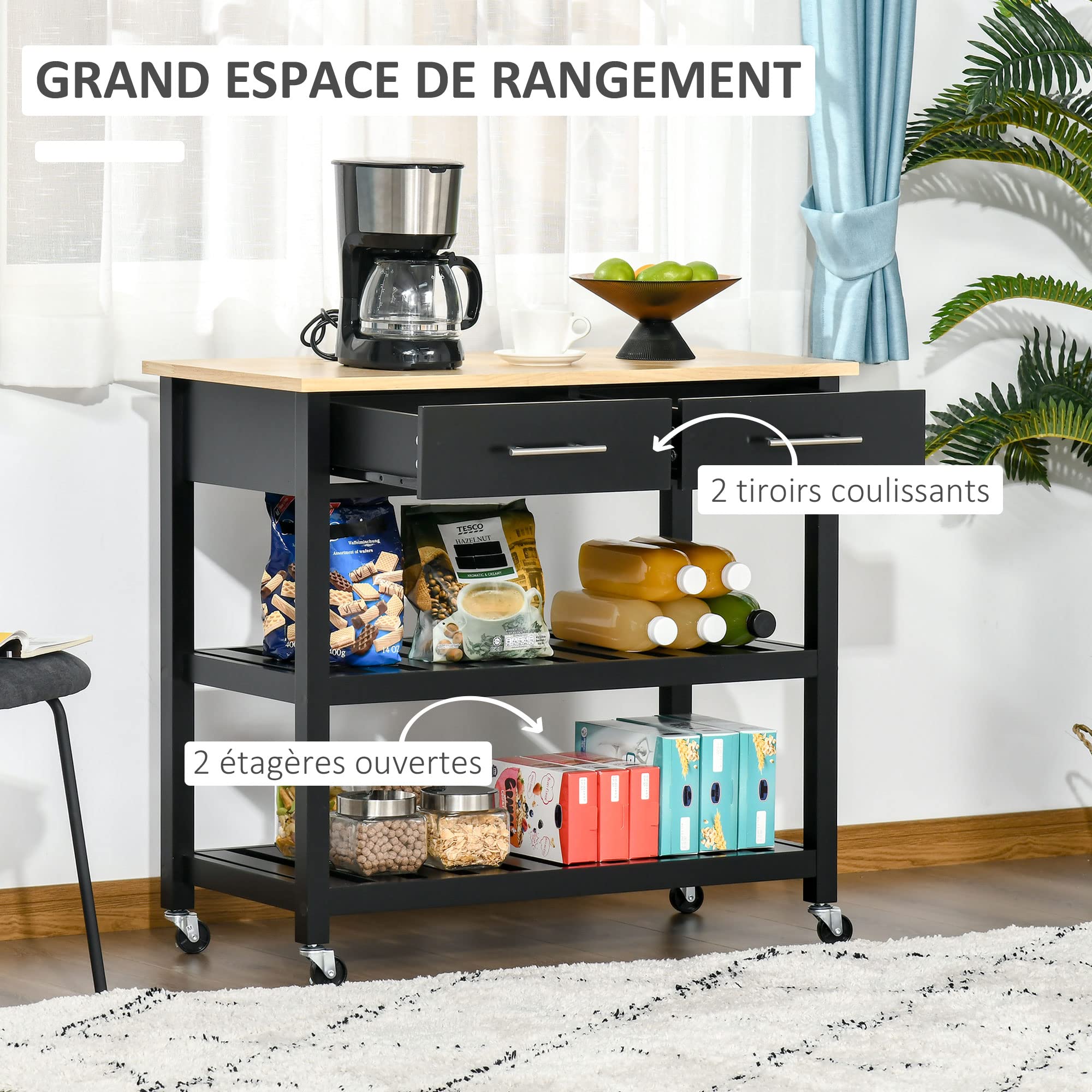 HOMCOM Chariot de Service desserte de Cuisine à roulettes 2 étagères 2 tiroirs Noir Bois Naturel