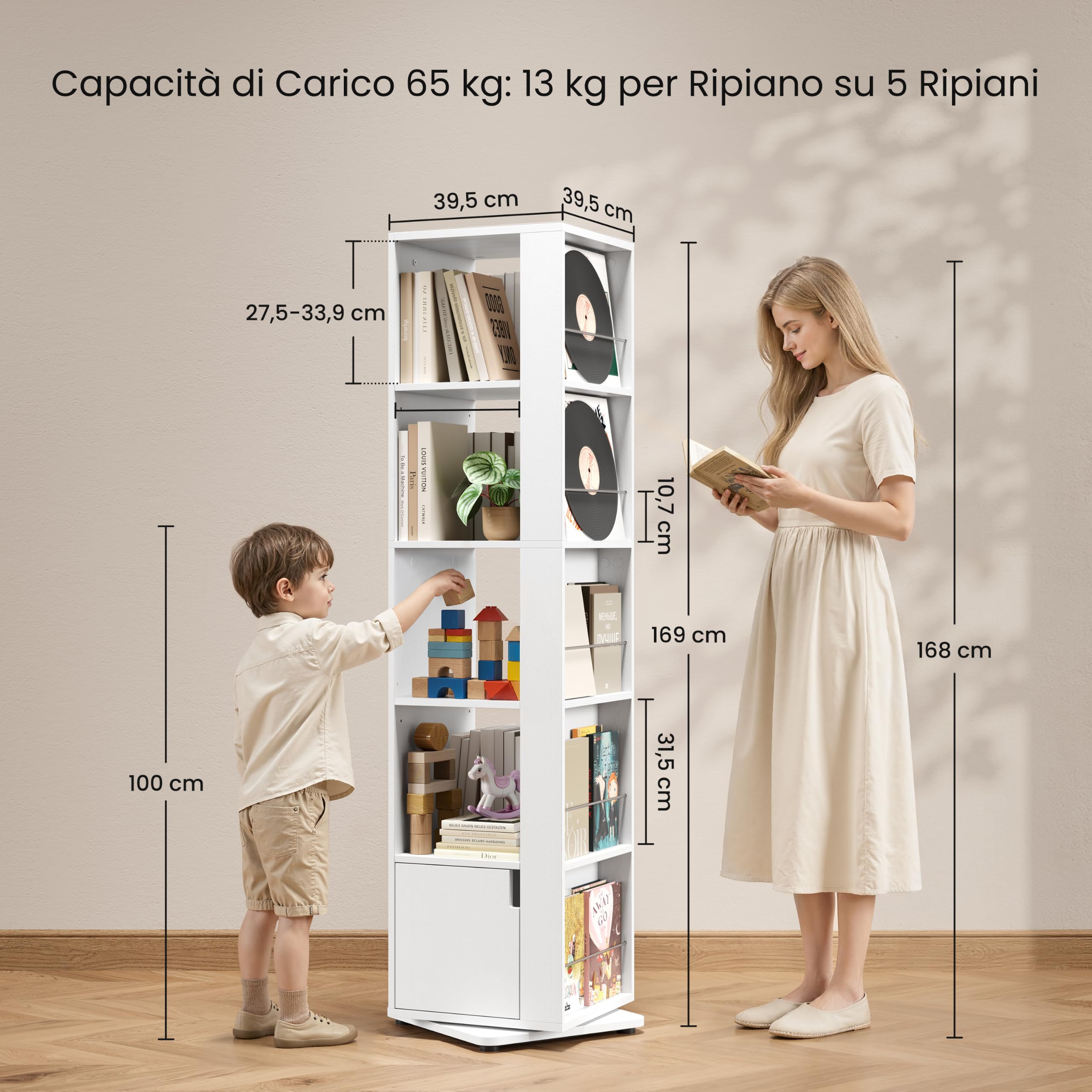 Yaheetech Libreria Girevole 360°, Scaffale Angolare a 5 Ripiani 42×42×169 cm, Libreria a Torre Grande Capacità con Ripiani Regolabili, Salvaspazio per Soggiorno, Camera da Letto, Studio (Bianco)