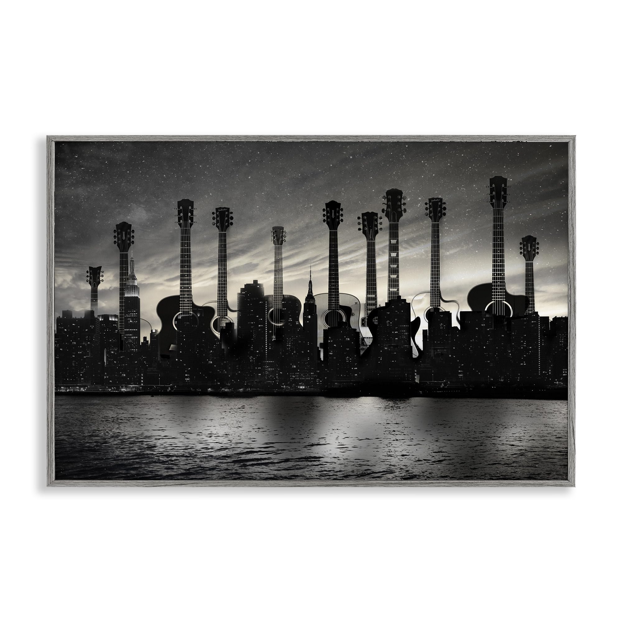 Stupell Industries 'Guitar Skyline Cityscape', Framed Giclee Art, Gray, 24 x 16 Inches, Easy to Hang and Sturdy, Made in USA, by CAD Designs