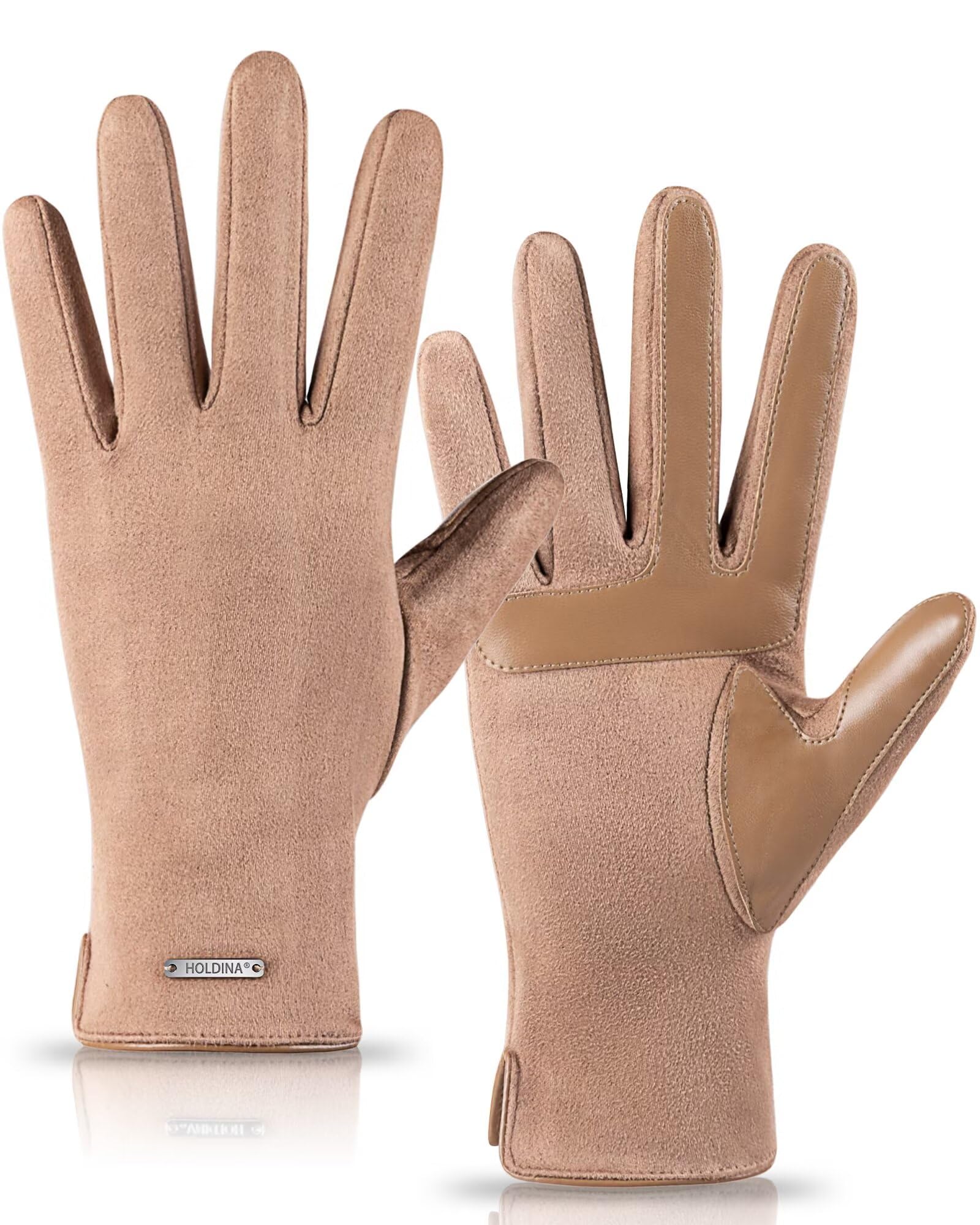 Holdina Women's Khaki Winter Gloves, Touchscreen, Anti-Slip Leather, Fleece Lined, S-M