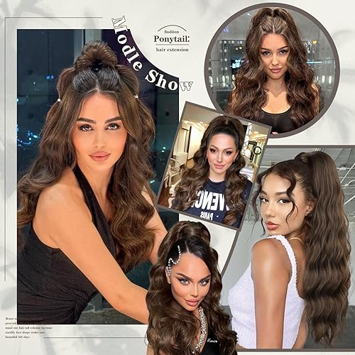 Miniatura 5 de FREEMEIGE Extensión de cola de caballo con cordón para mujer, extensiones de cabello largo rizado, ondulado, extensión de cola de caballo,
