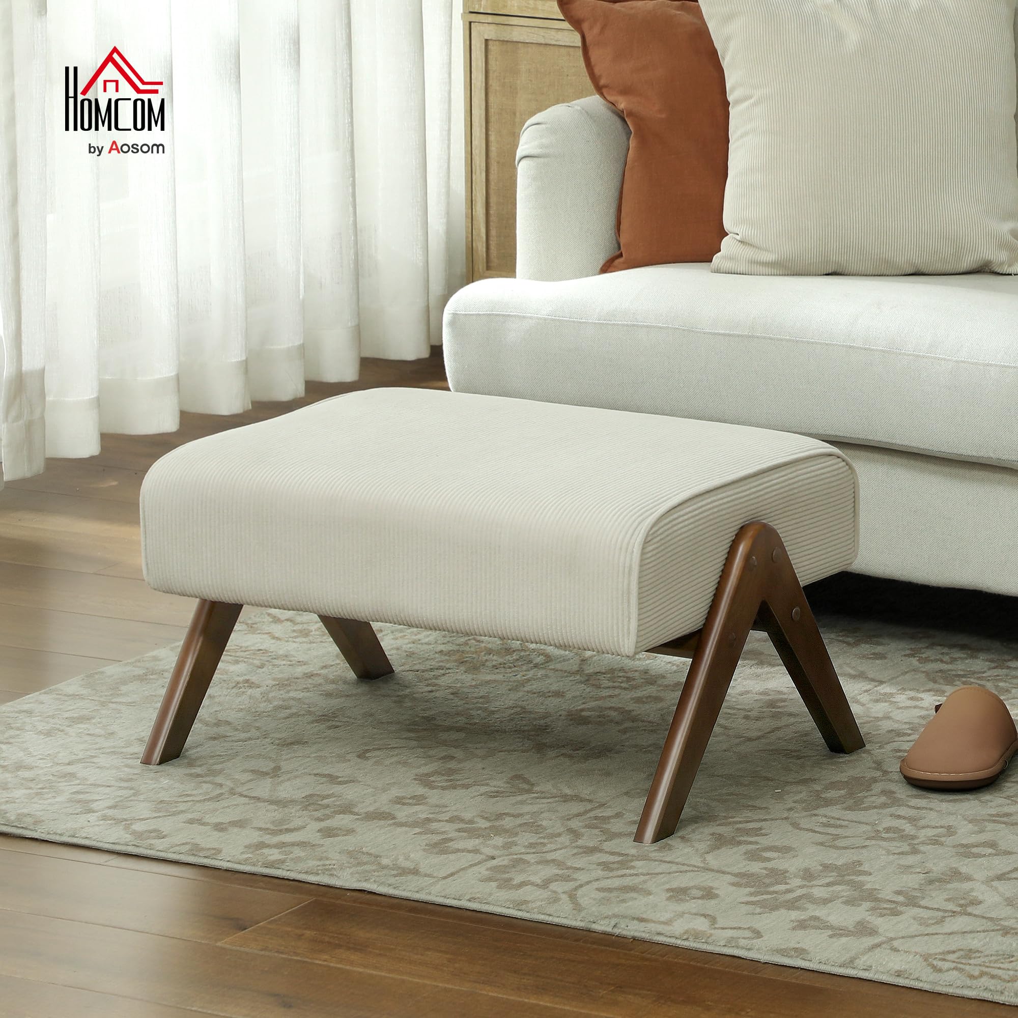 HOMCOM Reposapiés de Salón Taburete Bajo Tapizado en Pana Otomana Rectangular con Asiento Acolchado y Patas de Madera para Sala de Estar Dormitorio Beige