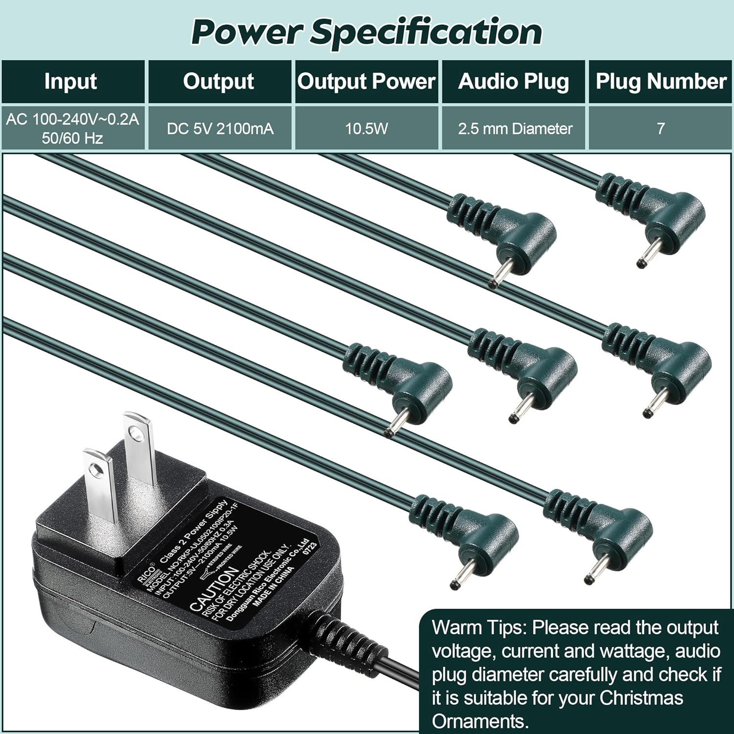 Dreyoo Christmas Ornaments Power Cord with 7 Plug, Compatible with Christmas Ornaments Interactive Ornaments, 5V 10.5W Power Cord Adapter Suitable for 2.5 mm Diameter Power Interface