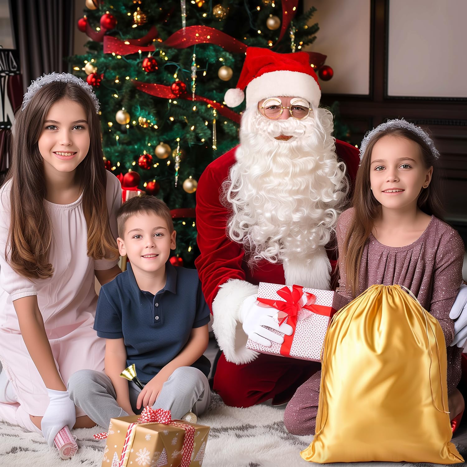 MOVINPE Santa Claus Beard and Wig Set for Adult Men Santa Costume Accessories, Beard Wig Eyebrows Hat Glasses Gloves Satin Gift Bags Hand Bell, Perfect for Celebrations Festive Events Parties - Image 6