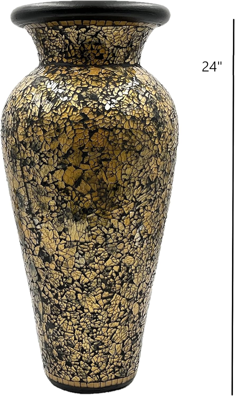 Floor Vase, 24 Inch Mosaic Vase – Tall Cylinder Made of Terracotta with Crackled Gold and Black Glass Mosaic Pieces – Handcrafted Decorated Home Décor Accent Piece for Bedroom, Living Room