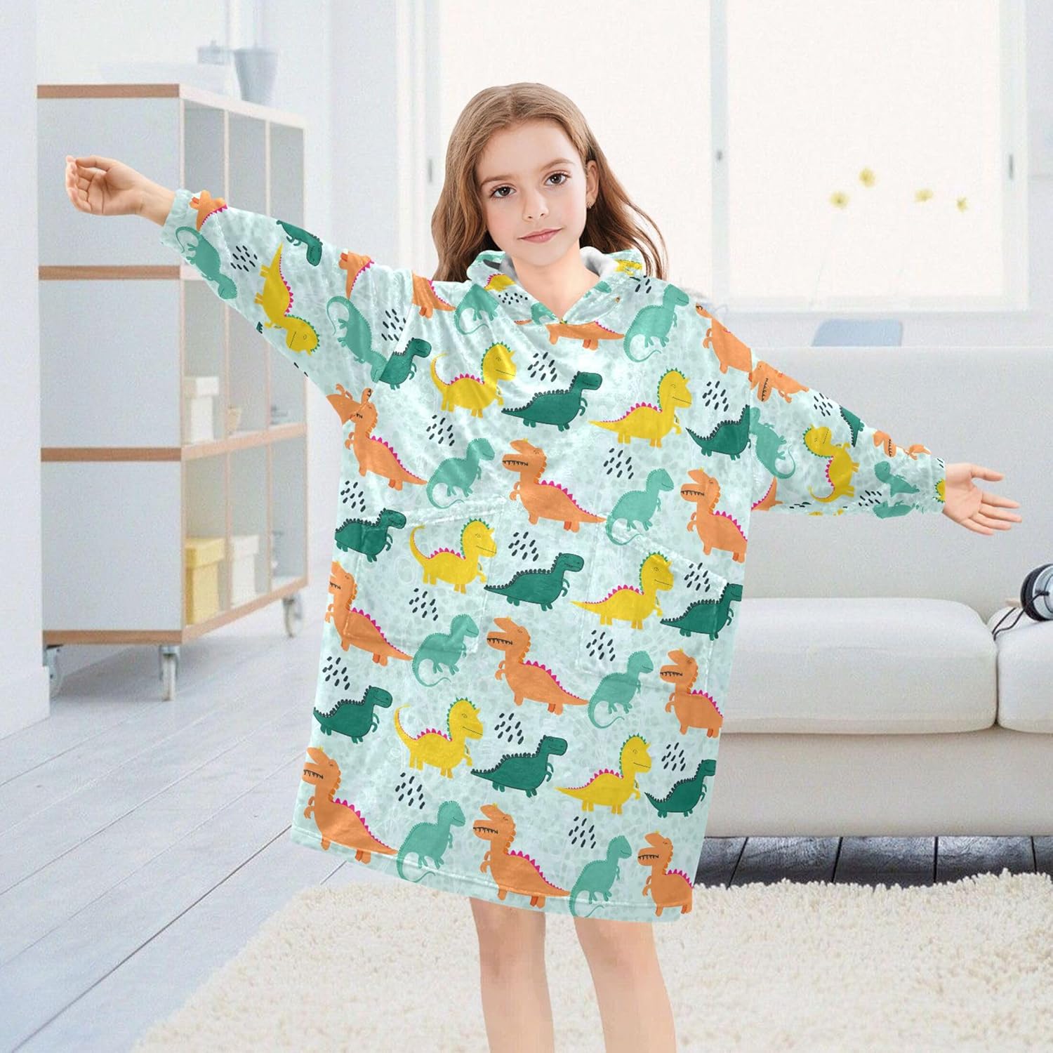 Cute Dinosaur Kids Wearable Blanket Hoodie with Pocket and Sleeves for Toddlers, Cute Hoodies Girls Boys B0404081
