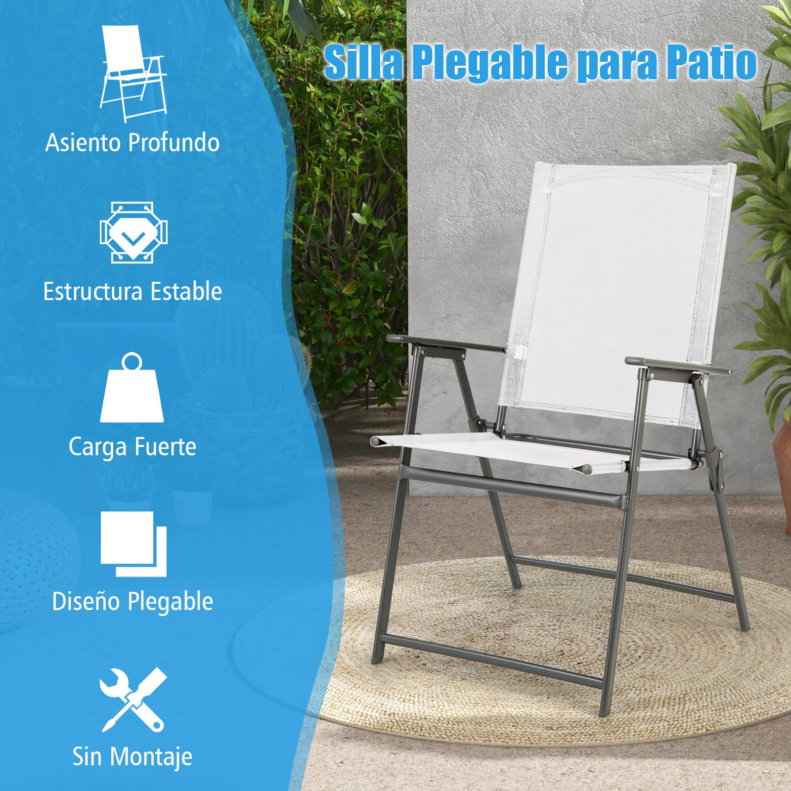 COSTWAY 2/4 Sillas Texteline Plegables para Exterior, 62 x 58 x 89 cm, Respaldo Alto, Carga 150kg, Terraza, Balcón, Jardín, Patio, Piscina (4, Blanco, M)