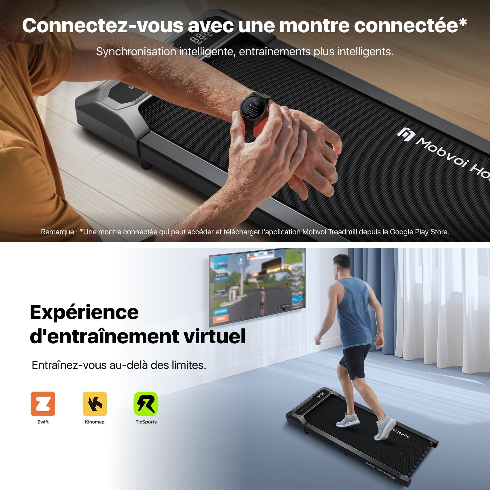 Mobvoi Tapis De Course Smart AI avec App TicSports - Portable Maison/Bureau - Vitesse 6km/h - LED + Télécommande - Marche/Jogging/Course