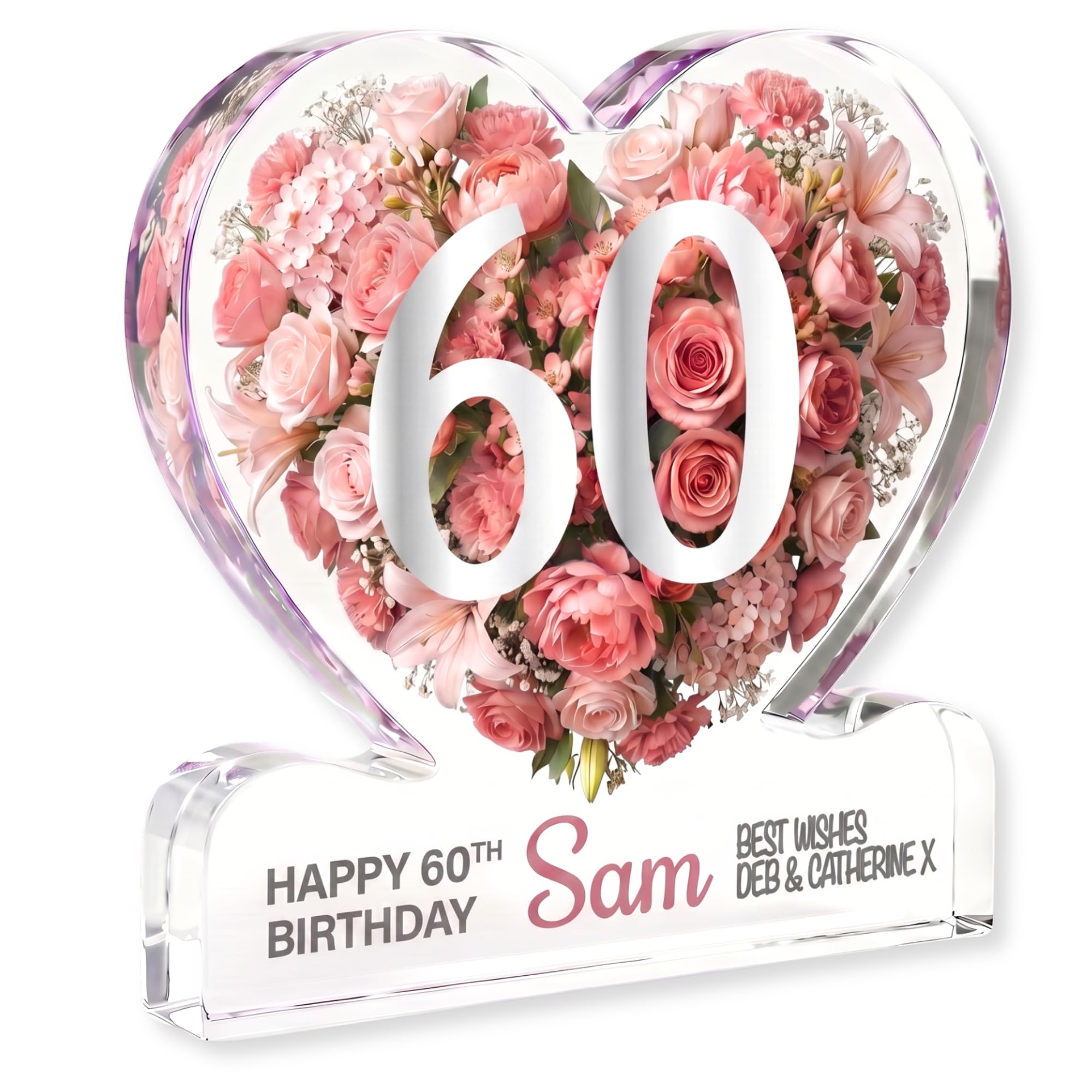 MyKeepsy Personalised 60th Birthday Plaque – Custom Name & Message Heart Acrylic Keepsake, Floral 60 Decoration Gift, 5 Colour Options (Blush Pink)
