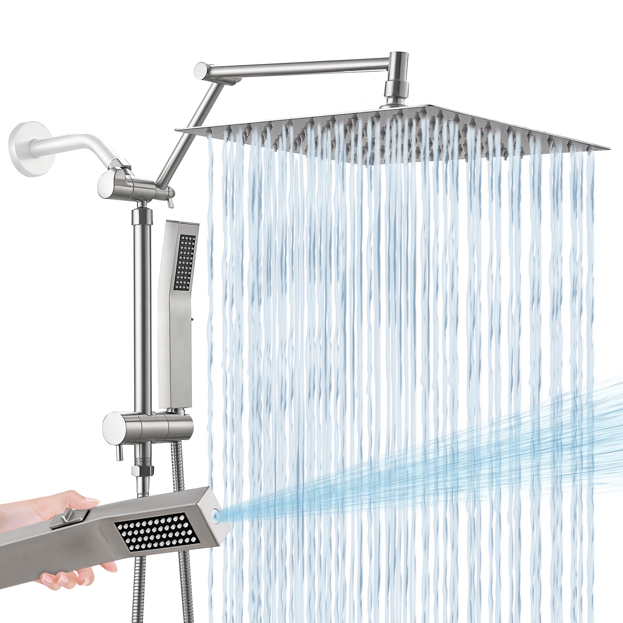 Photo 1 of All Metal 12 Inch Rain Shower Head with Handheld Spray Combo, High Pressure Waterfall Rainfall Square Shower Heads with 16" Adjustable Extension Arm, Dual Showerhead with 3-Way Diverter,Brushed Nickel