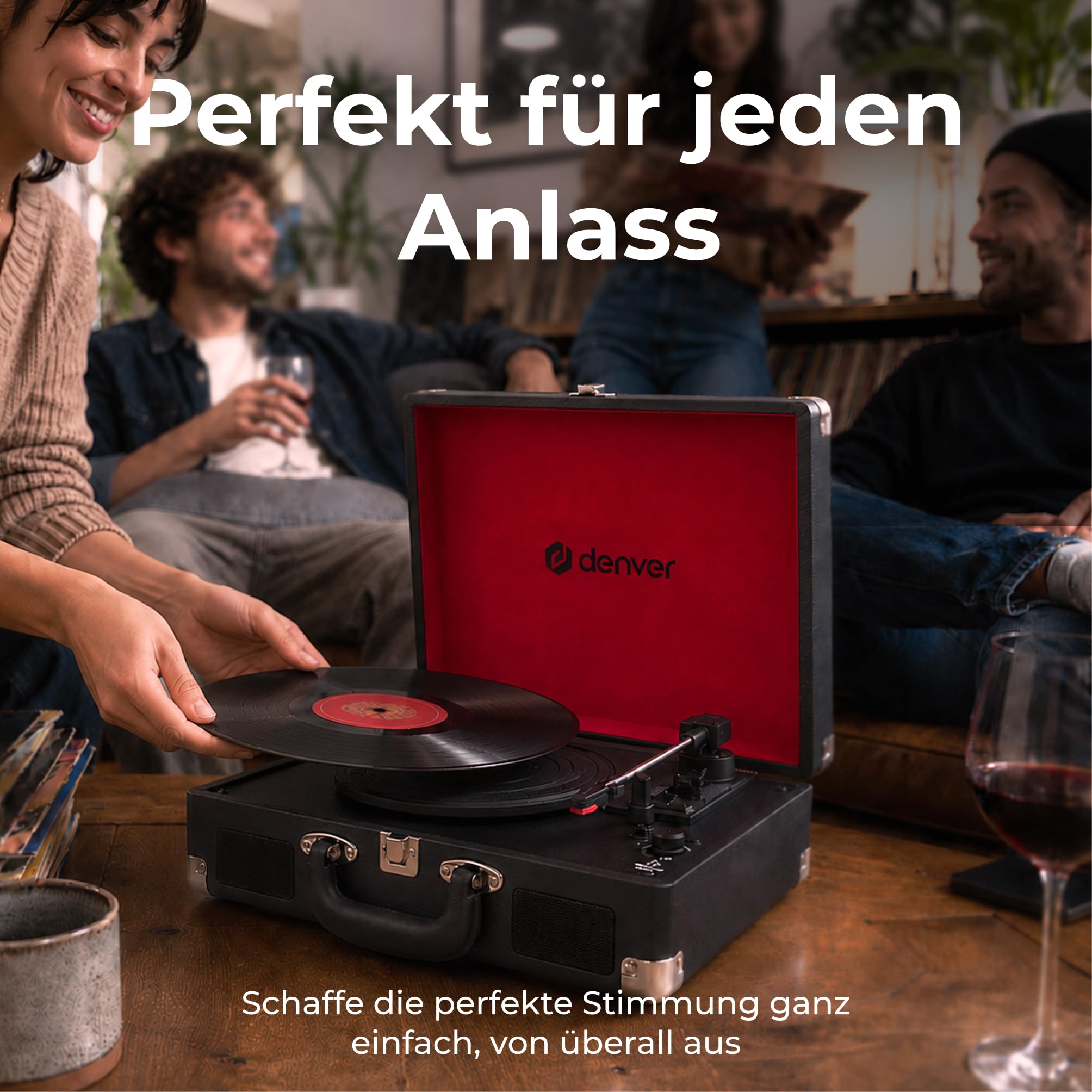 Denver VPL-120B Kofferplattenspieler Schwarz – Retro Plattenspieler mit Lautsprecher, USB Vinyl Player zum Digitalisieren, Auto-Stopp, Schallplattenspieler Vintage mit RCA-Ausgang