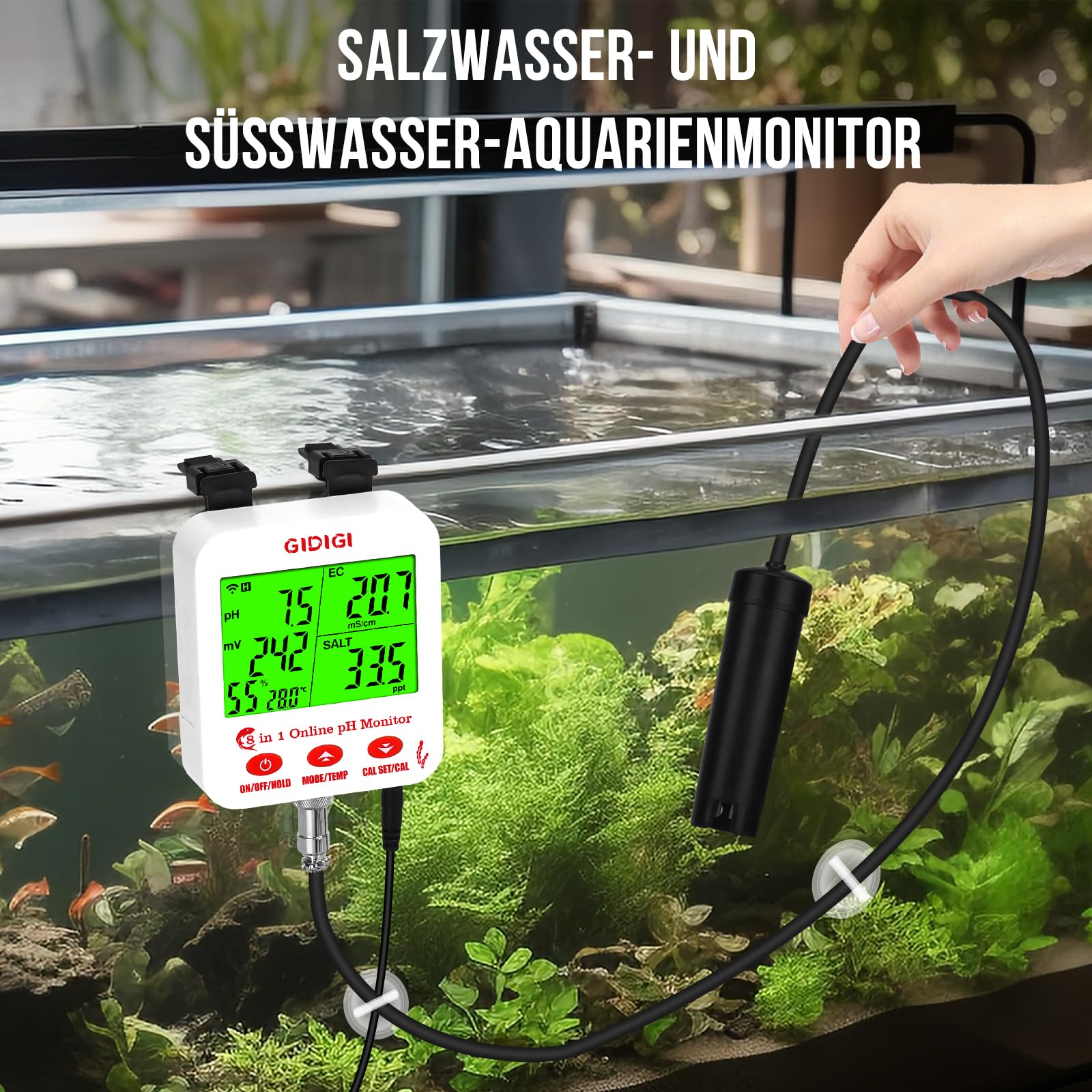 8-in-1 WiFi Water Smart pH/EC/TDS/Salz Messgerät mit ORP, Feuchtigkeits und Temp, Digitaler Hydrokultur Nährstoffmonitor und Salzgehalttester für Aquarium, Fischtank