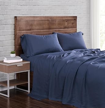 Brooklyn Loom Flax Linen 100% Linen Deep Pocket Navy 4-Piece King, All Season, Adult Size, Oeko-TEX Certified