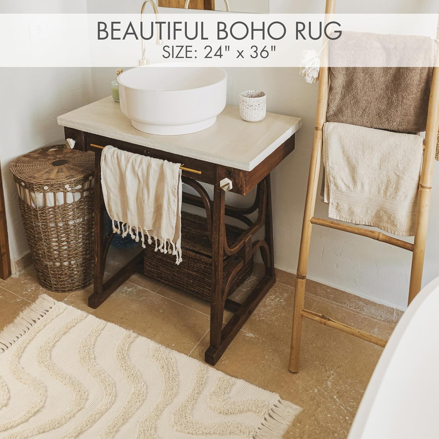 Beautiful Boho Rug with Tassels for Your Bathroom - Soft 2 x 3 ft. Cotton Rug Fits Perfectly Into Your Bath - Washable, Cream Colored Non-Slip Mat Ideal to Enhance Any Modern Home Decor, 24 x 36 inch - Image 3