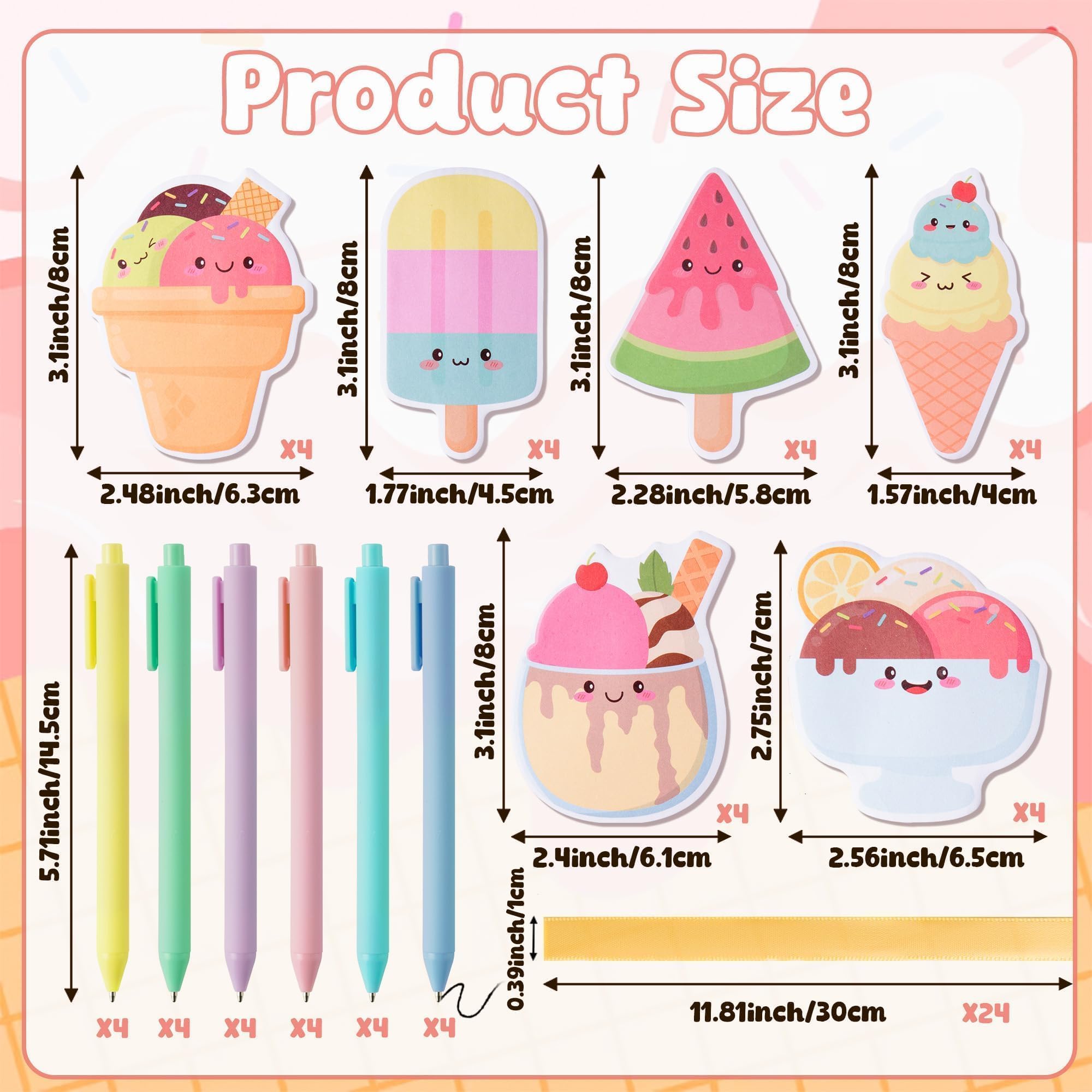 L1rabe Notas adhesivas de helado de verano – Juego de 24 blocs de notas autoadhesivos de postre de verano con bolígrafos, cintas, premios de regreso a clases, juegos de regalo para niños y estudiantes