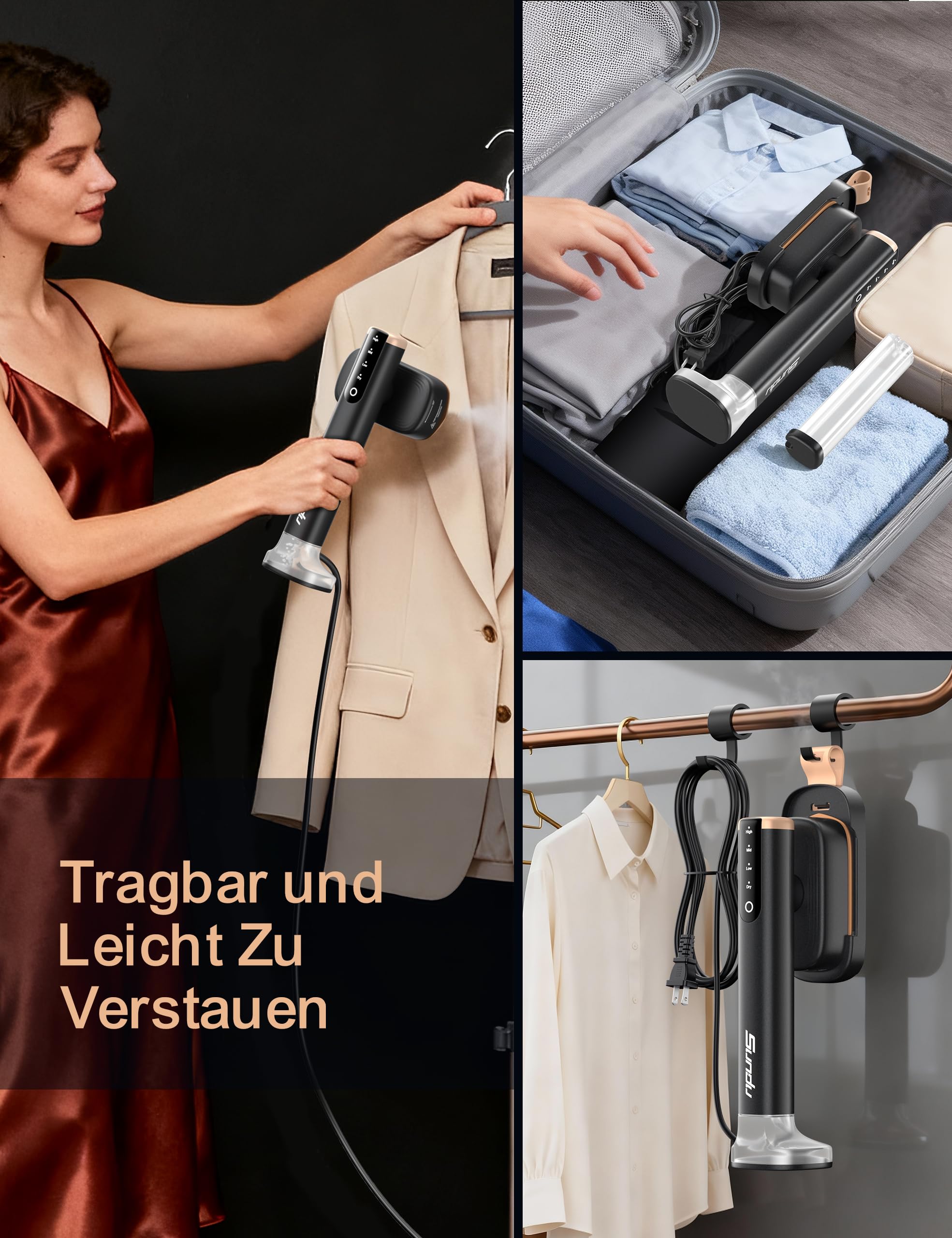 Sundu Dampfglätter, Steamer mit 2 Wassertanks (180 ml und 100 ml), 15S Schnelles Aufheizen, 24 g/min Starke Dampfleistung, Reisebügeleisen mit Touch-Steuerung, LED Display, Steam Iron Schwarz
