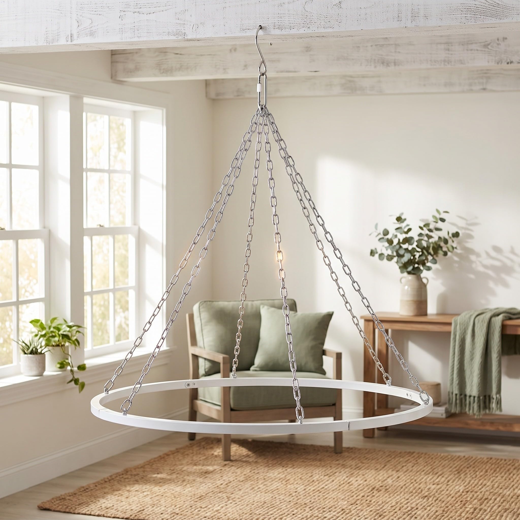 Deckenbaldachin Aufhängeset 24 Zoll Silbermetallic aus Eisen und Edelstahl | Abnehmbar, Runde Form, Ketten und Haken Inklusive, für Bridal Shower und Outdoor, Leicht Montierbar