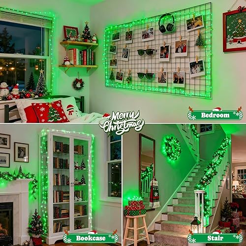 Miniatura 6 de JMEXSUSS Paquete de 2 Luces de Hadas Verdes a Batería, Total 200 LED 66 pies Luces de Cadena Parpadeantes con Control Remoto, 8 Modos de Luces de