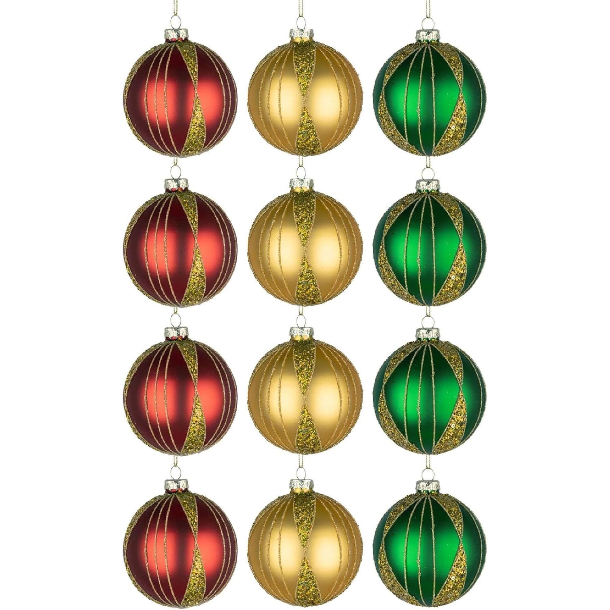 Shatchi Red,Gold,Green 12Pcs/80Mm Glass Baubles Christmas Tree Balls Spheres Hanging Ornaments Set Assorted Designs Xmas Tree Decorations