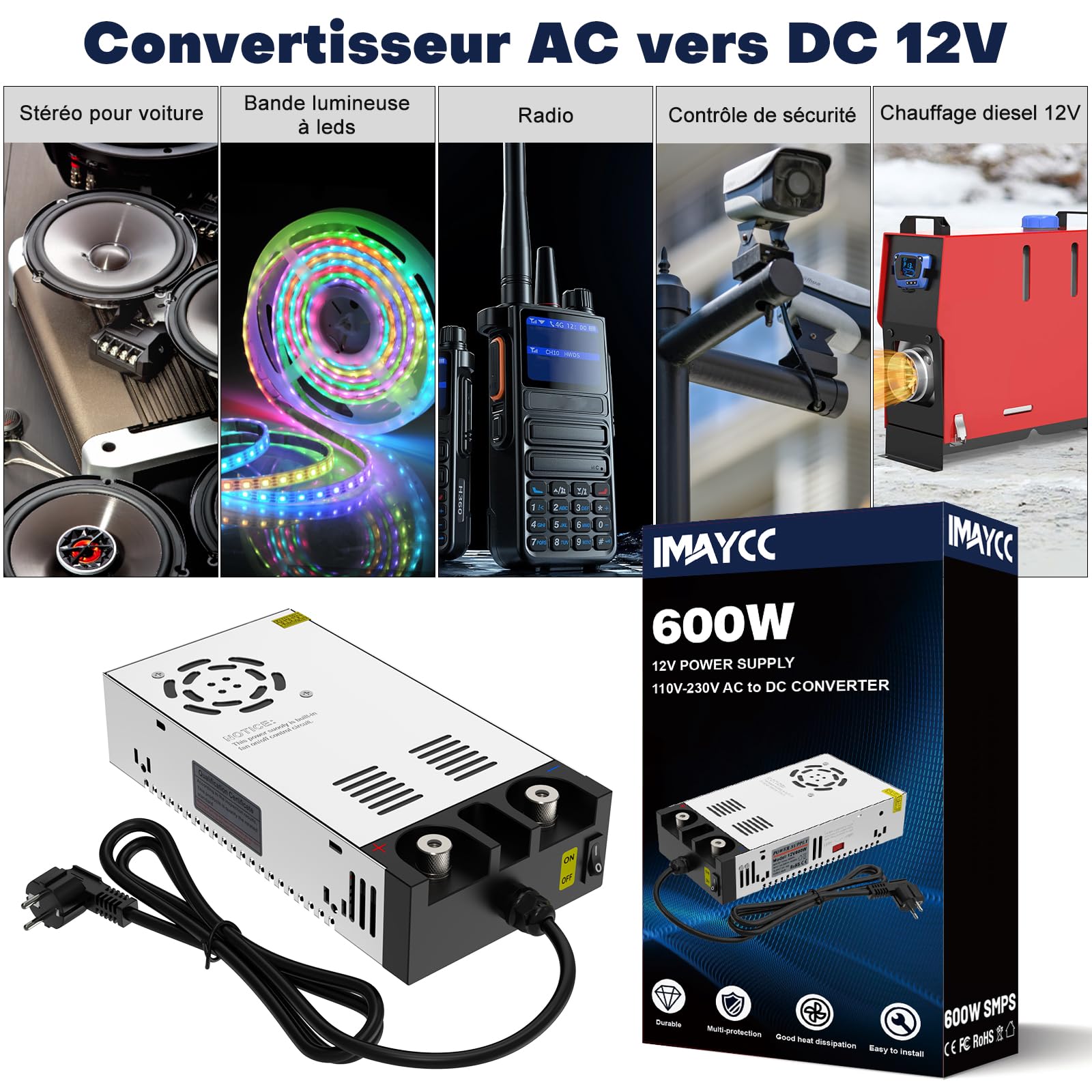 IMAYCC Schaltnetzteil 12V 50A, 600W Transformator 110V AC auf DC Netzteil 12Volt Adapter, 12 Volt Spannungswandler für Standheizung, LED Beleuchtung,Industrieanlagen.