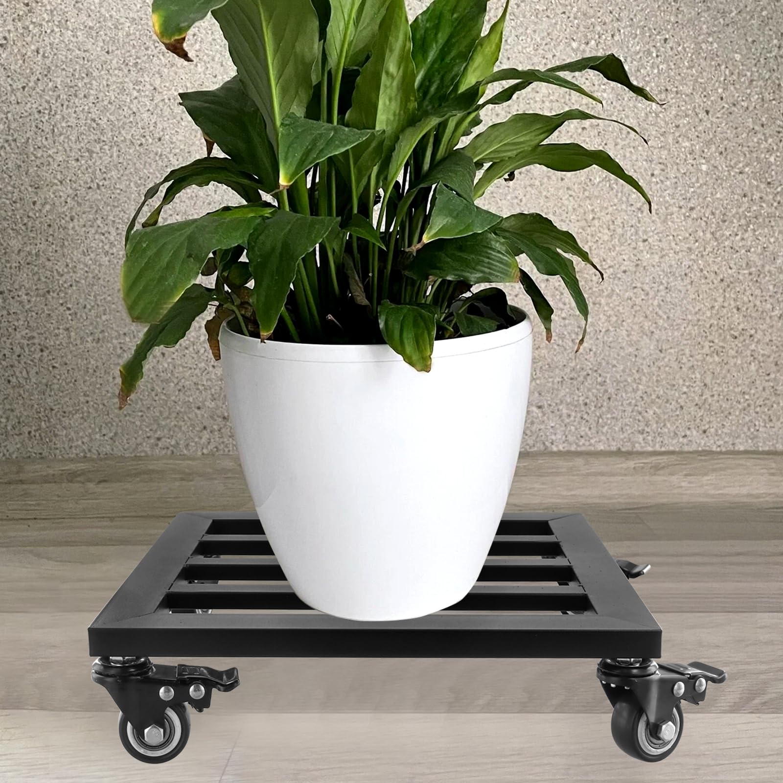SINJEUN Paquete de 2 soportes cuadrados para macetas con ruedas, 30 x 30 x 8 cm, estantes móviles negros para macetas, carrito de metal para interiores y exteriores