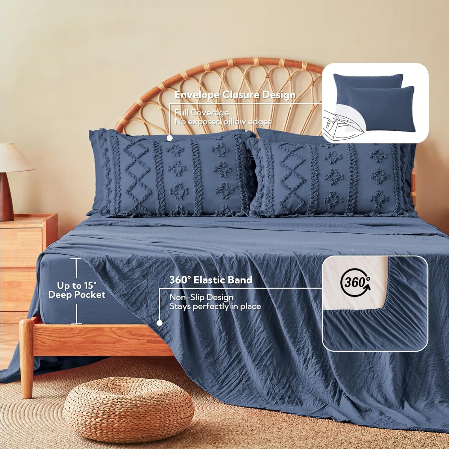 MR&HM Queen Comforter Set Navy Blue, 7 Pieces Tufted Boho Beddding Sets, Farmhouse Style Bed in a Bag with 1 Comforter, 2 Pillow Shams, 2 Pillowcases, 1 Flat Sheet, 1 Fitted Sheet for All Seasons - Image 6