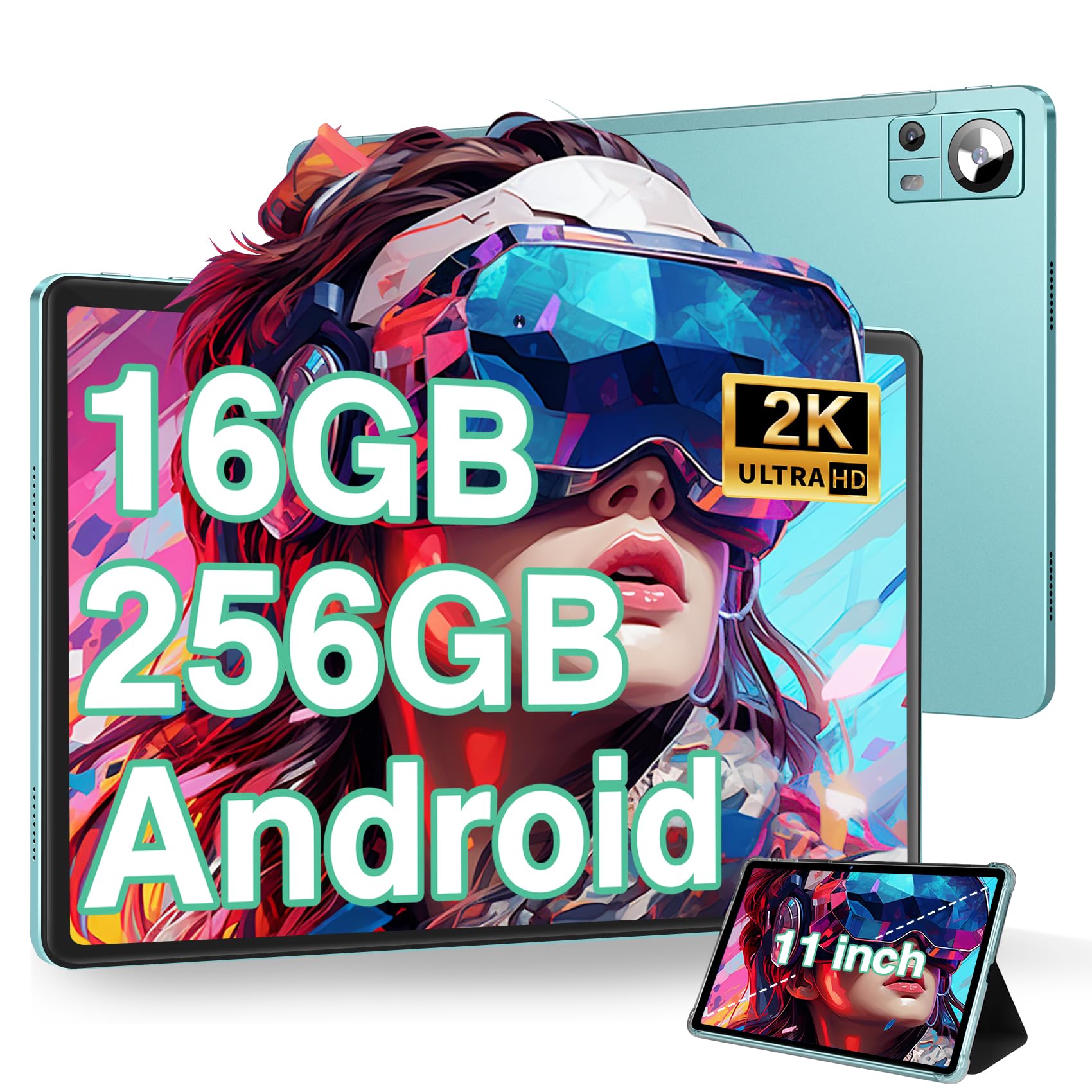 DMOAO Tablet 11 Pollici Android con 16GB RAM 256GB ROM(1TB Espandibile), 2K FHD Tablet con Camera Tripla(13MP+5MP+2MP), 8 Core, 2.0 GHz, IPS 2000 * 1200, 5G Wi-Fi, 8600 mAh, GPS, BT 5.0, Verde