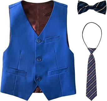 Boys Suit Vest with Bowtie and Tie Kids Formal Suits Vest for Boy Adjustable Back Strap Vest Set Size 5-16 Years
