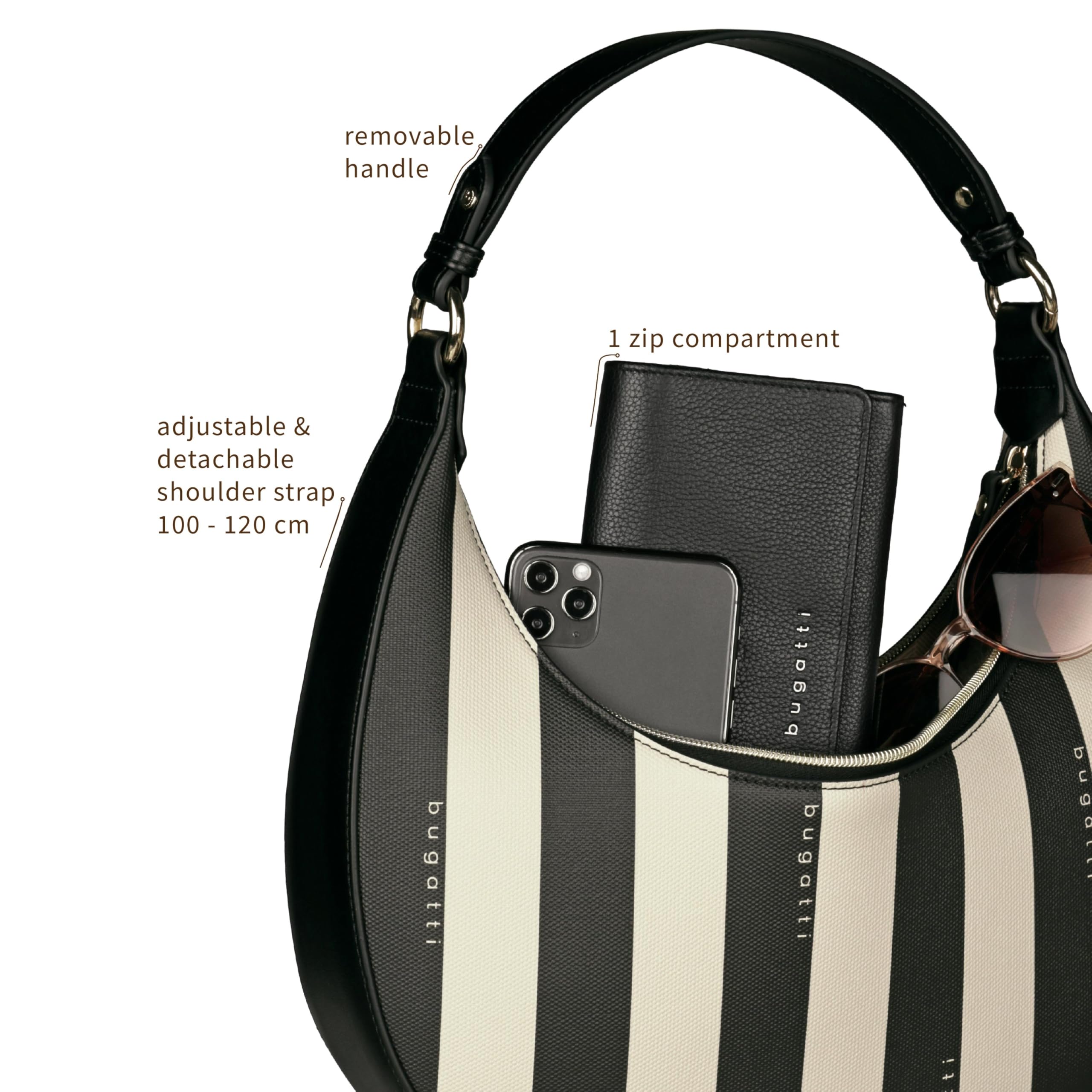 bugatti Cleo Half Moon Bag, Damen-Schultertasche aus gestreiftem Kunstleder