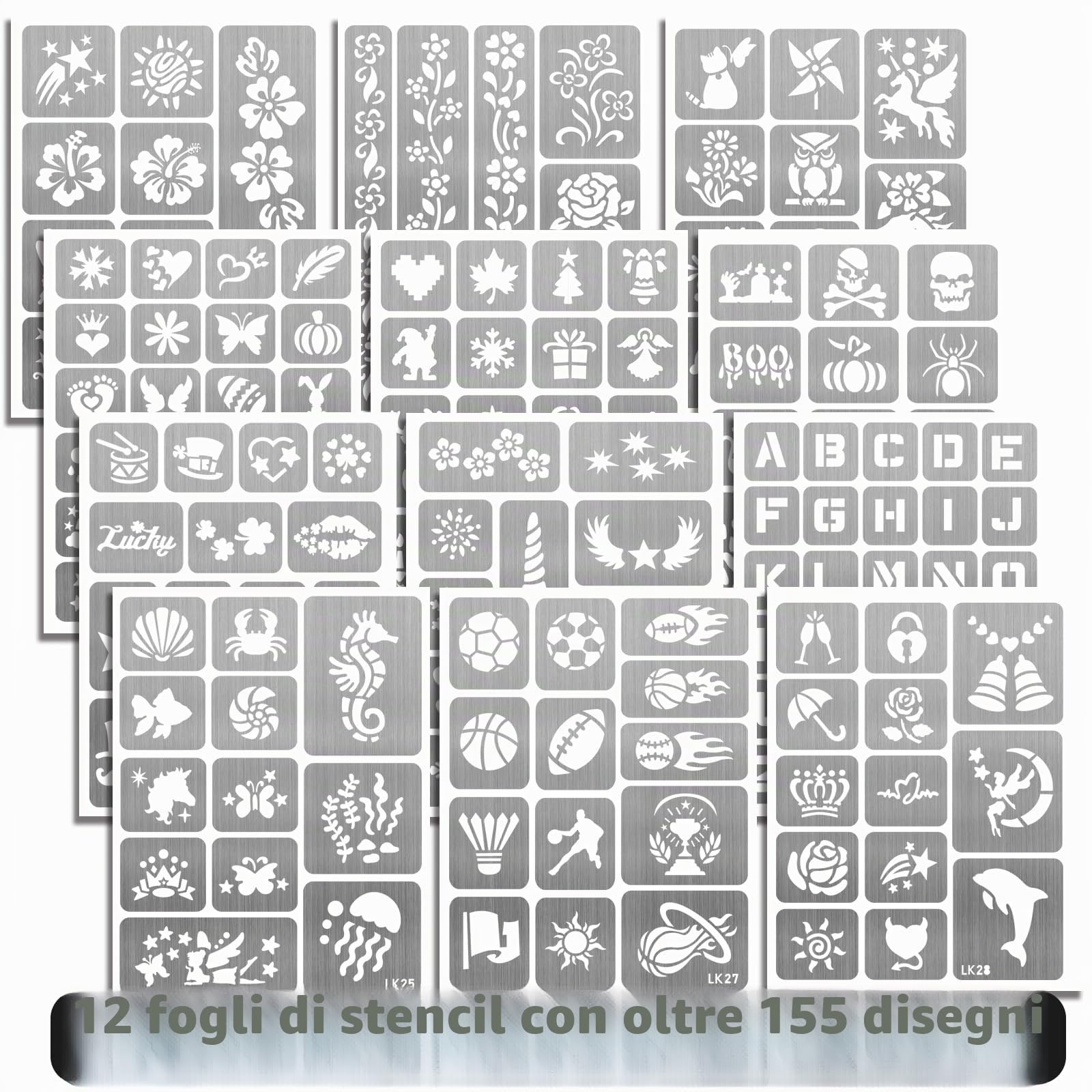Pennarelli temporanei per tatuaggi per bambini e adulti, 12 pennarelli metallici e 155 stencil per tatuaggi, penne cosmetiche per tatuaggi per bambini e adulti