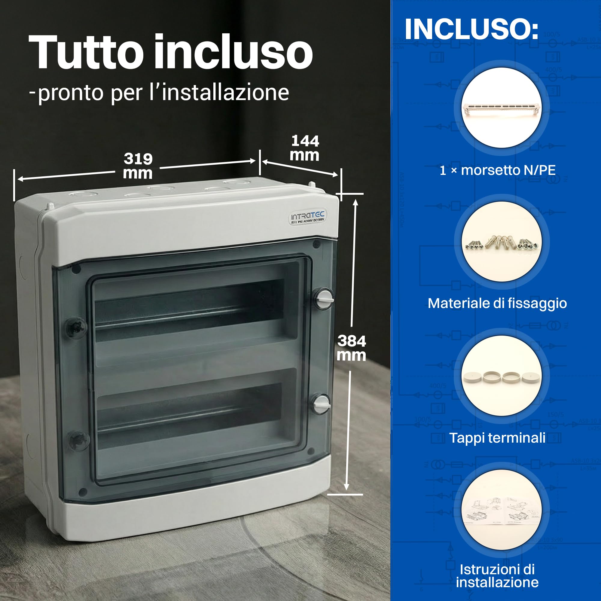 Intratec Centralino da Parete 2 Fila IP65 – Quadro Elettrico per 24 Moduli DIN – Cassetta di Sottodistribuzione Stagna per Esterni Garage Cantina Giardino – 400VAC 1500VDC, 318 x 384 x 144 mm