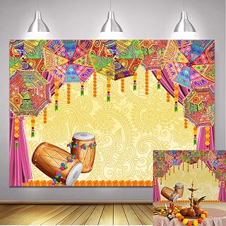 7x5FT Indian Pooja Traditional Wedding Backdrop Orange Flower Marigold Hindu Traditional Festival Background Curtain Umbrella Bridal Shower Party Ceremony Photo Studio Props